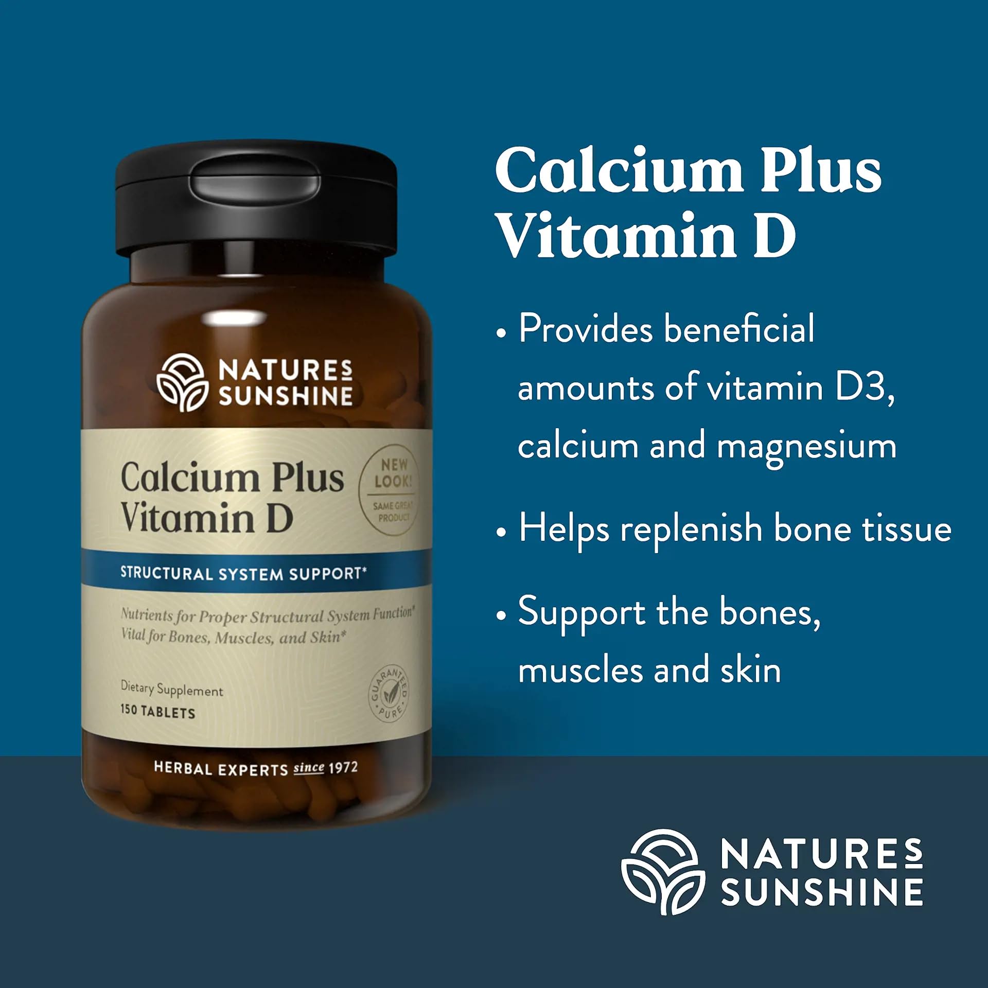 Nature's Sunshine Calcium Plus D3, primer plano de tabletas para uso diario.