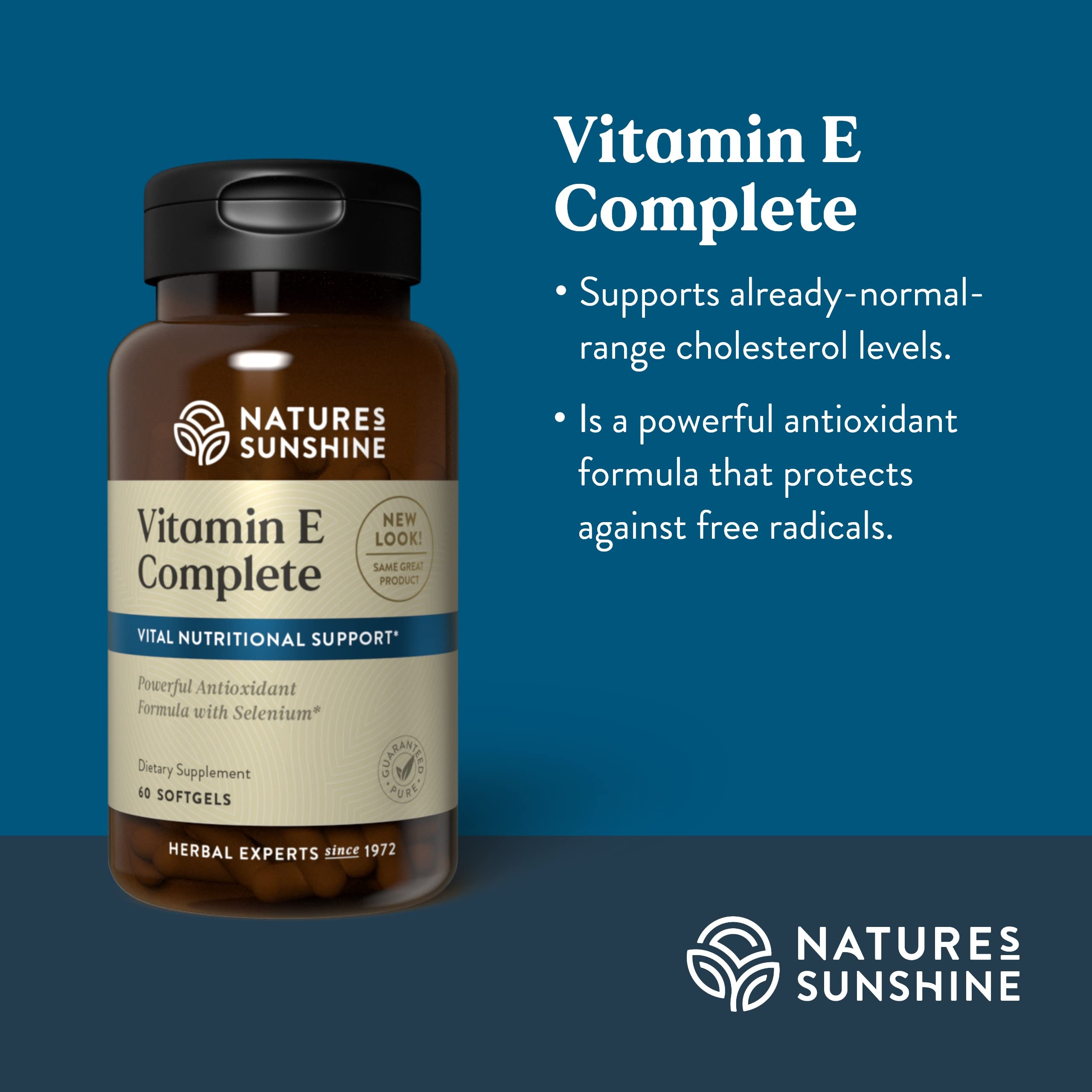 Nature's Sunshine Vitamina E Complete, cápsulas suaves fáciles de tragar.