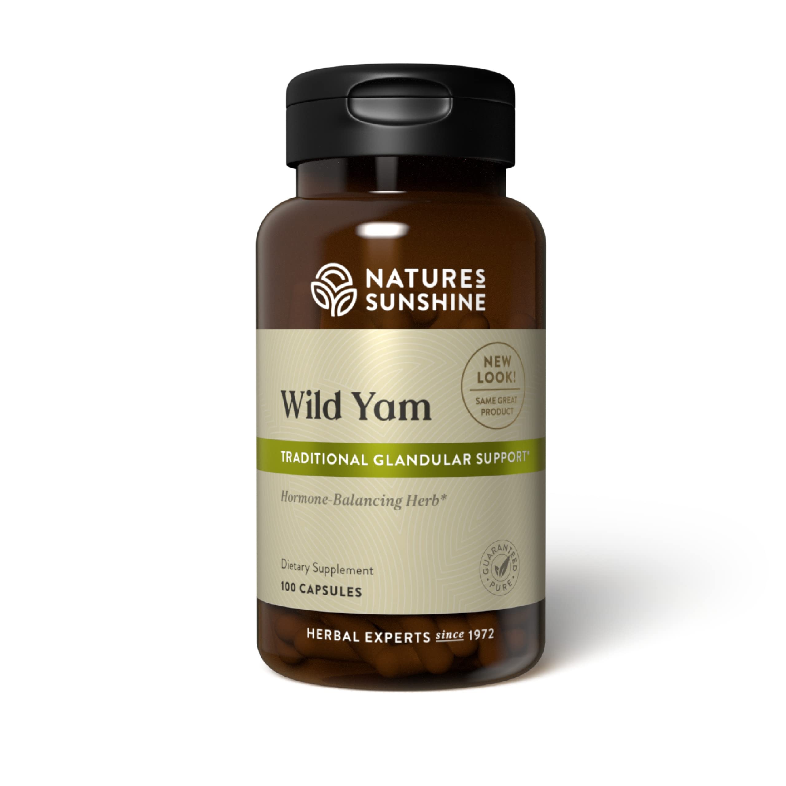 Nature's Sunshine Cápsulas de ñame salvaje, botella destacada para apoyar el equilibrio glandular femenino.