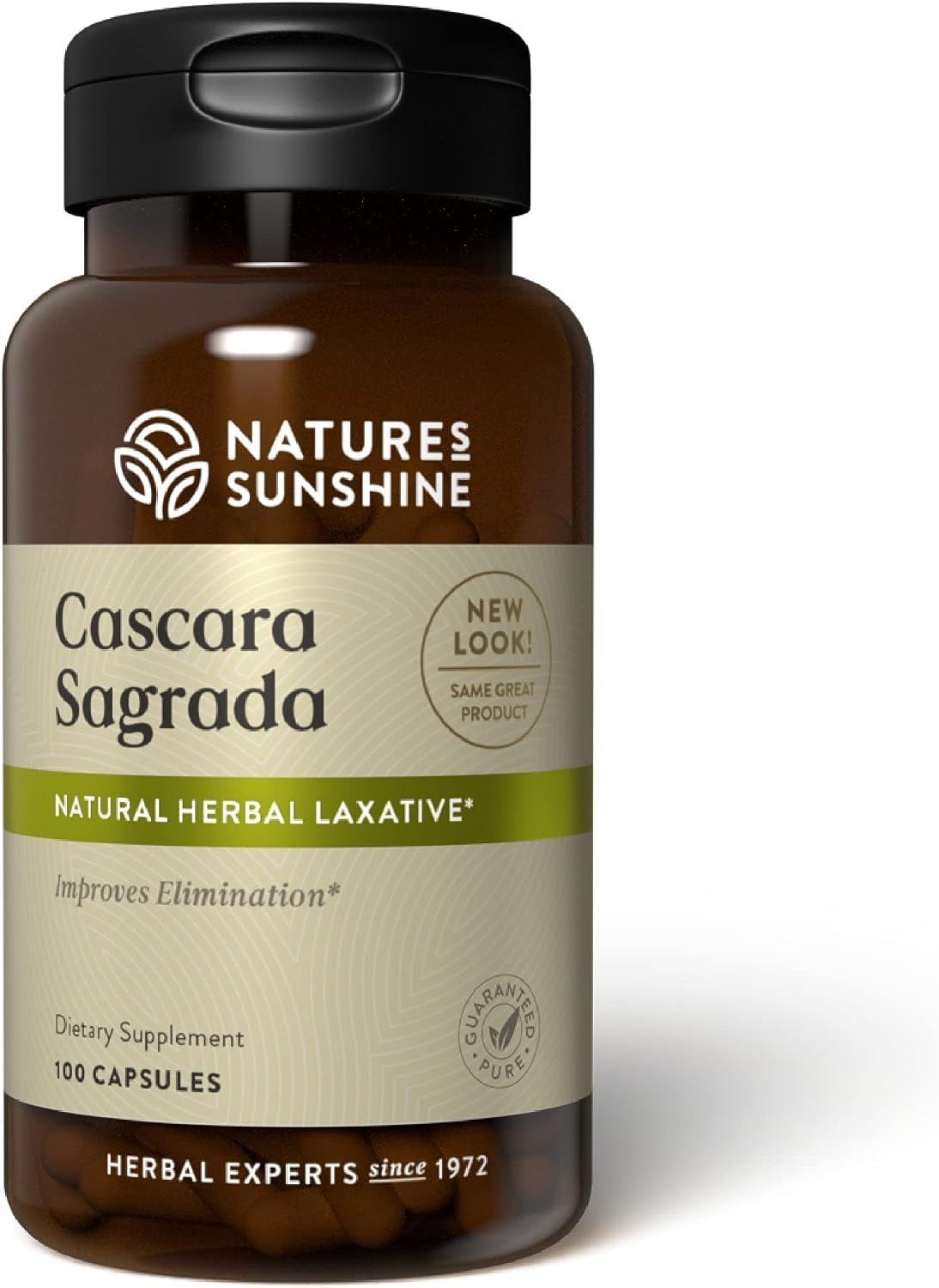 Nature's Sunshine Cascara Sagrada cápsulas en bote para apoyo intestinal.