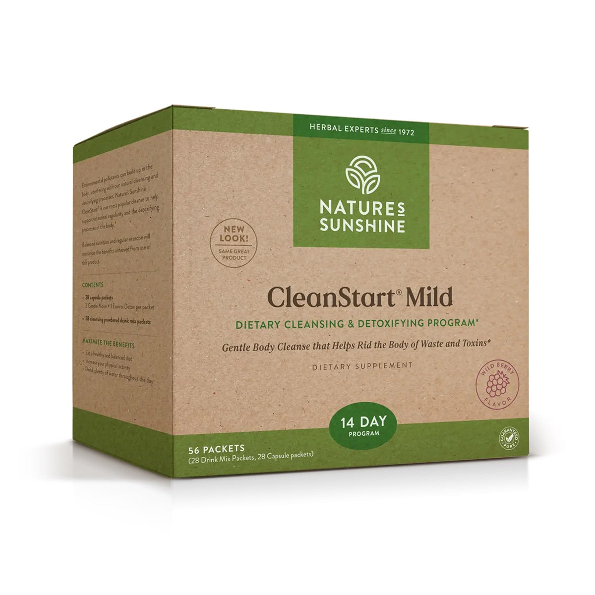 Nature's Sunshine CleanStart Mild, paquete de 56 sobres para apoyo suave de la digestión diaria.