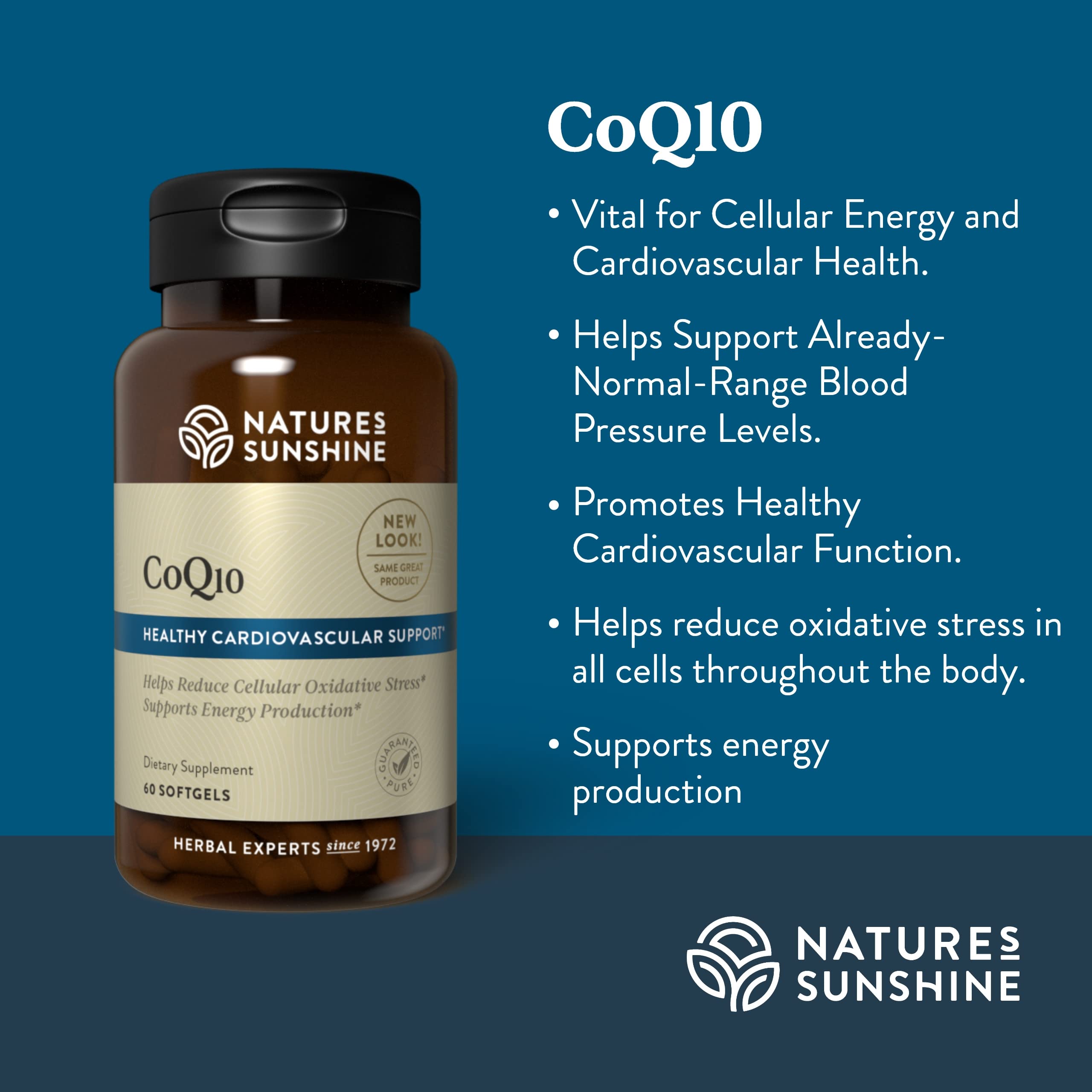 Nature's Sunshine CoQ10-60 cápsulas en mano: dosis diaria recomendada.