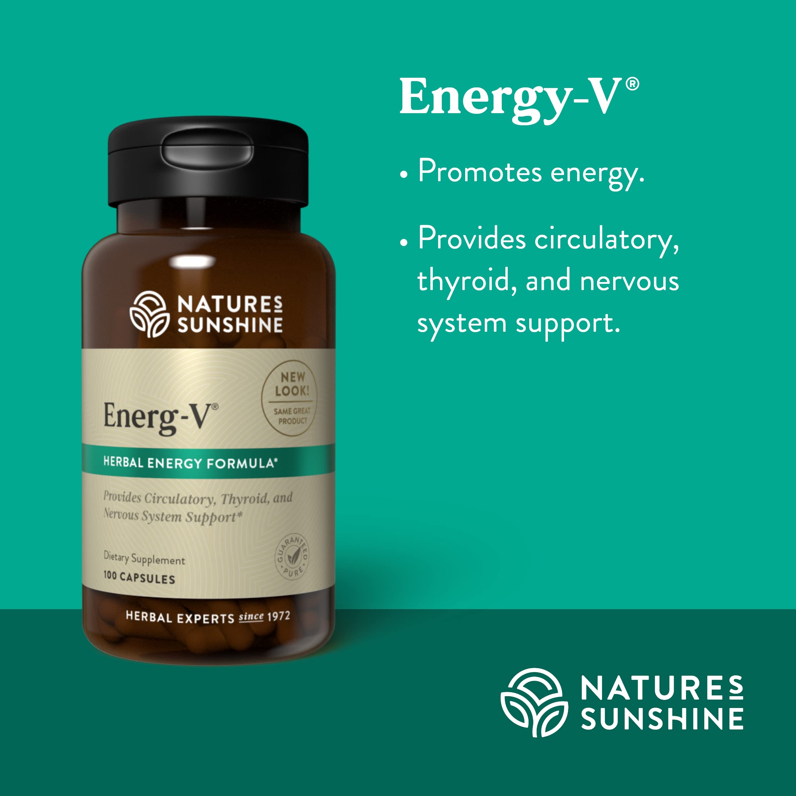 Nature's Sunshine Energ-V, cápsulas, formato práctico para la rutina diaria.