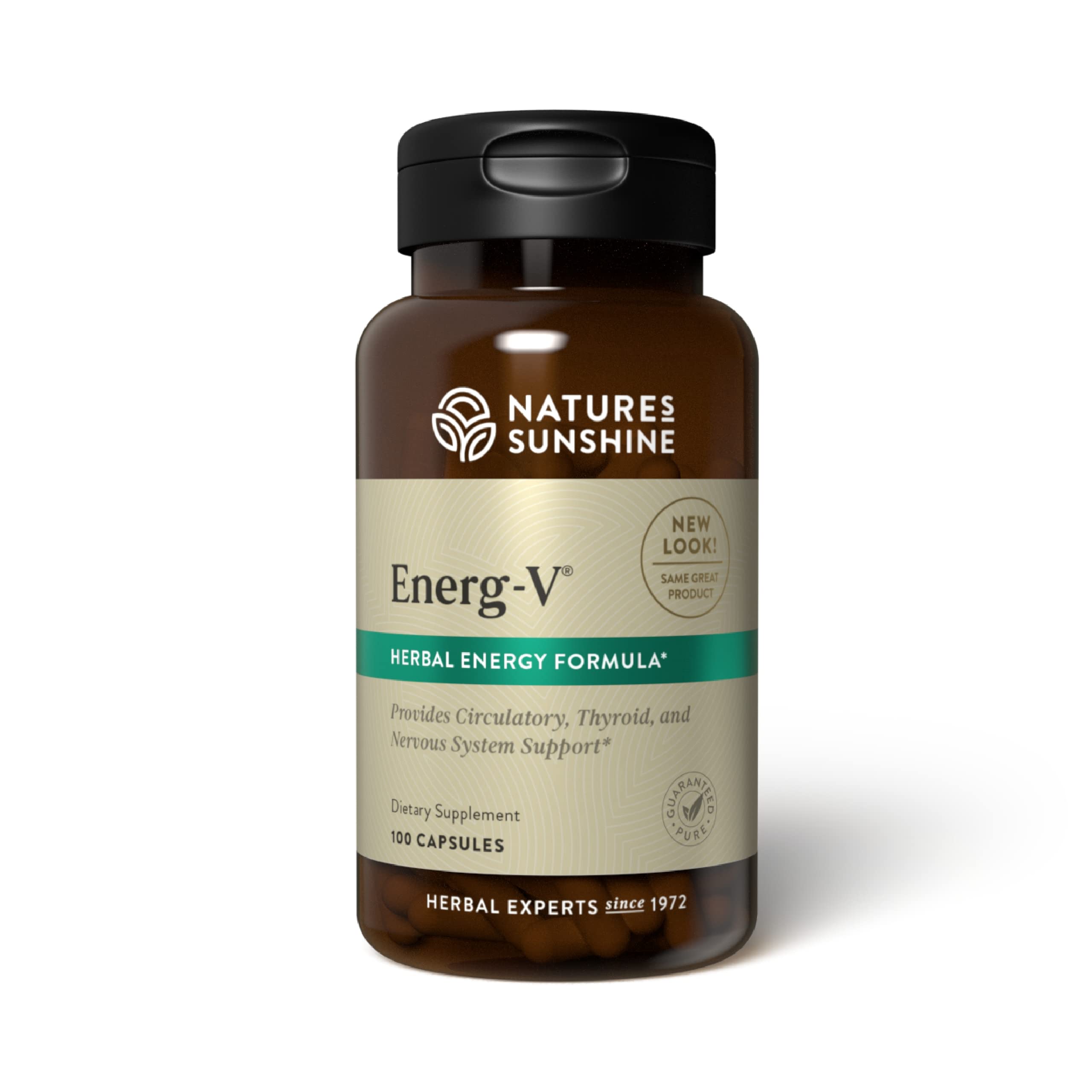Nature's Sunshine Energ-V, botella visible, posible apoyo a niveles de energía sostenidos.