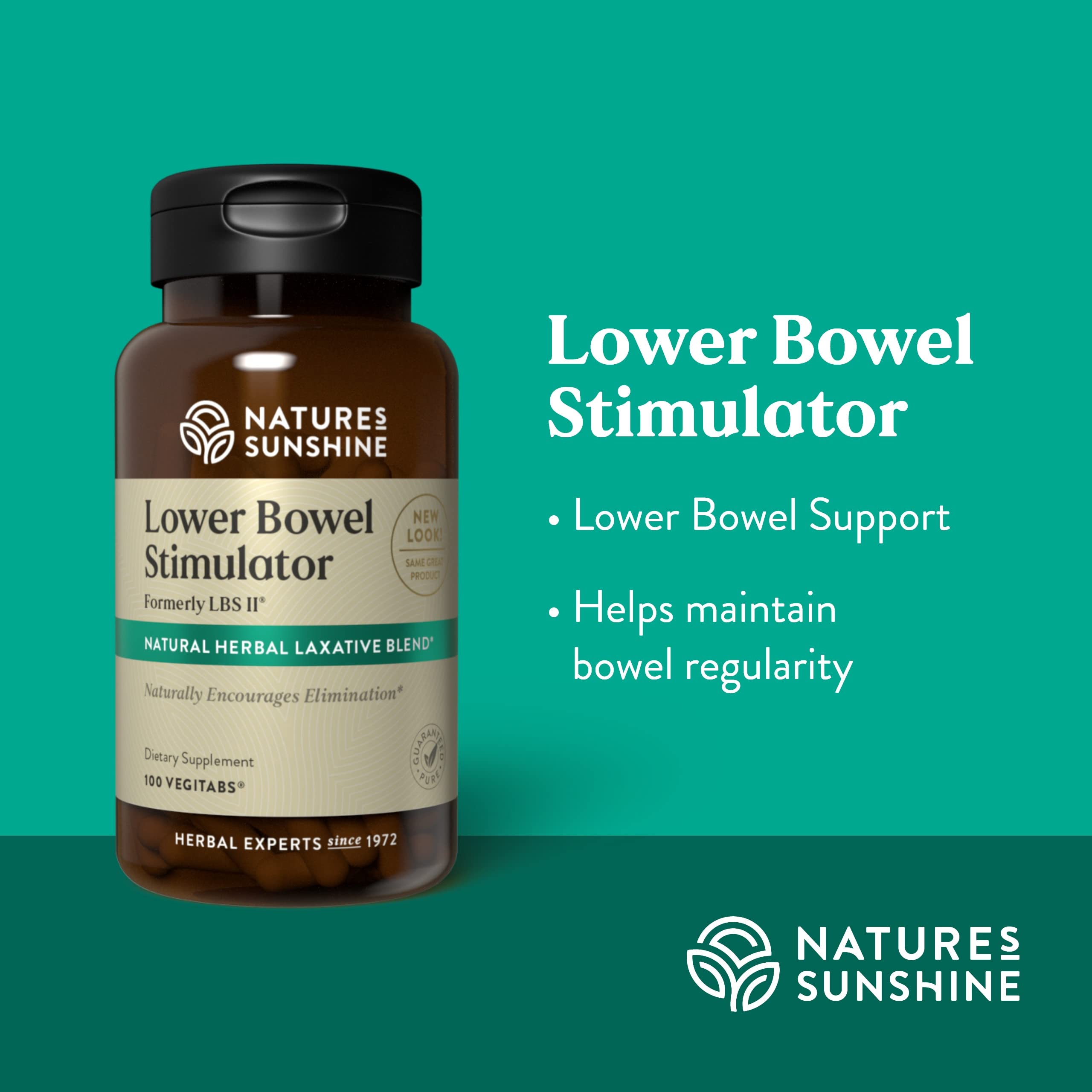 Nature's Sunshine Estimulador intestinal bajo, etiqueta frontal: diseño claro de dosis y uso.