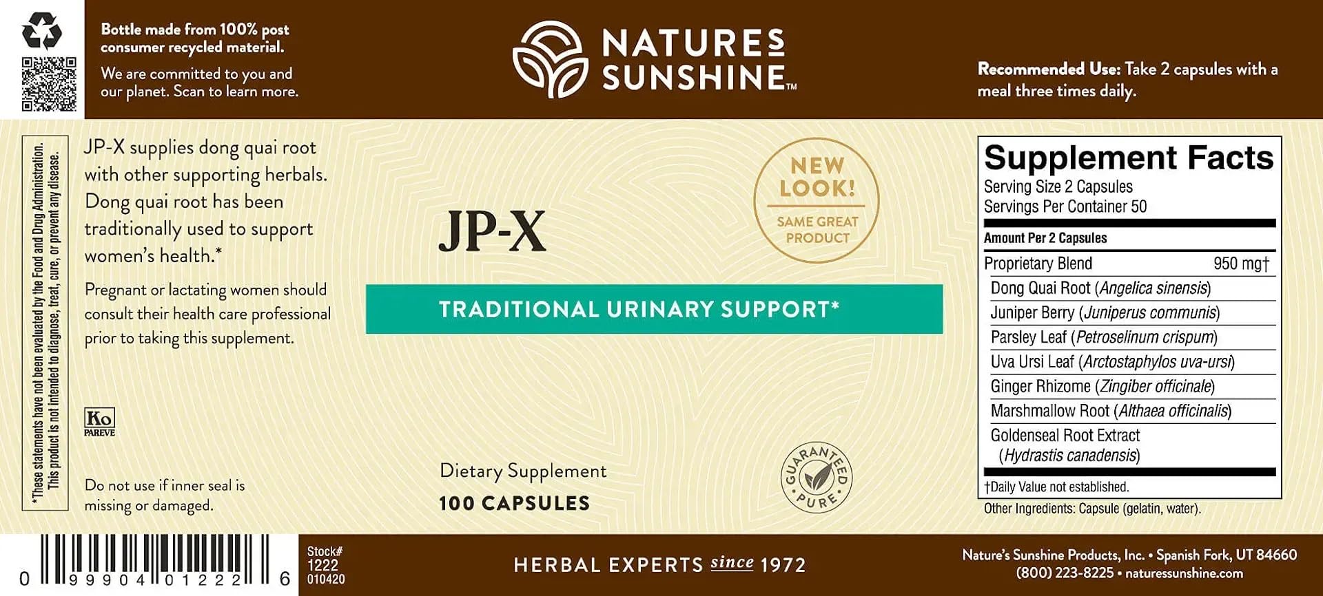 Nature's Sunshine JP-X 100 capsulas, empaque, fabricación en Estados Unidos garantiza pureza