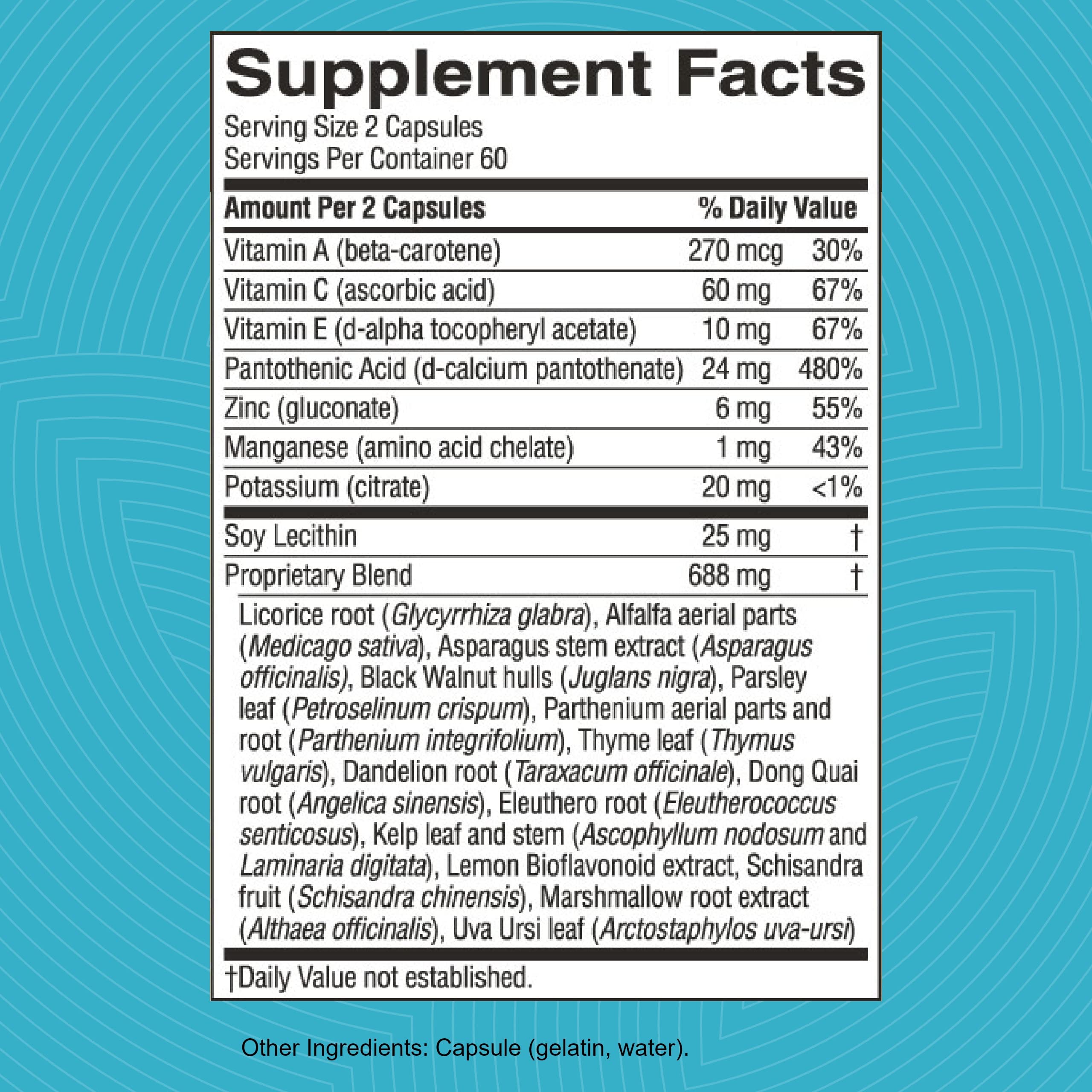 Nature's Sunshine Master Gland: etiqueta frontal que destaca vitaminas y minerales clave.