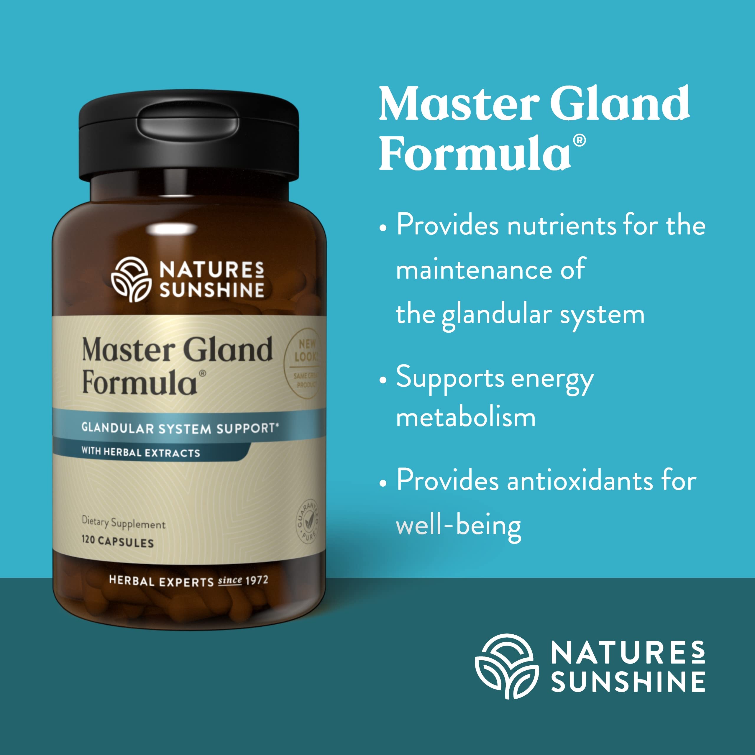 Nature's Sunshine Master Gland: etiqueta lateral con información de beneficios posibles.