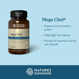 Nature's Sunshine Mega-Chel cápsulas visibles, uso diario para balance nutricional.