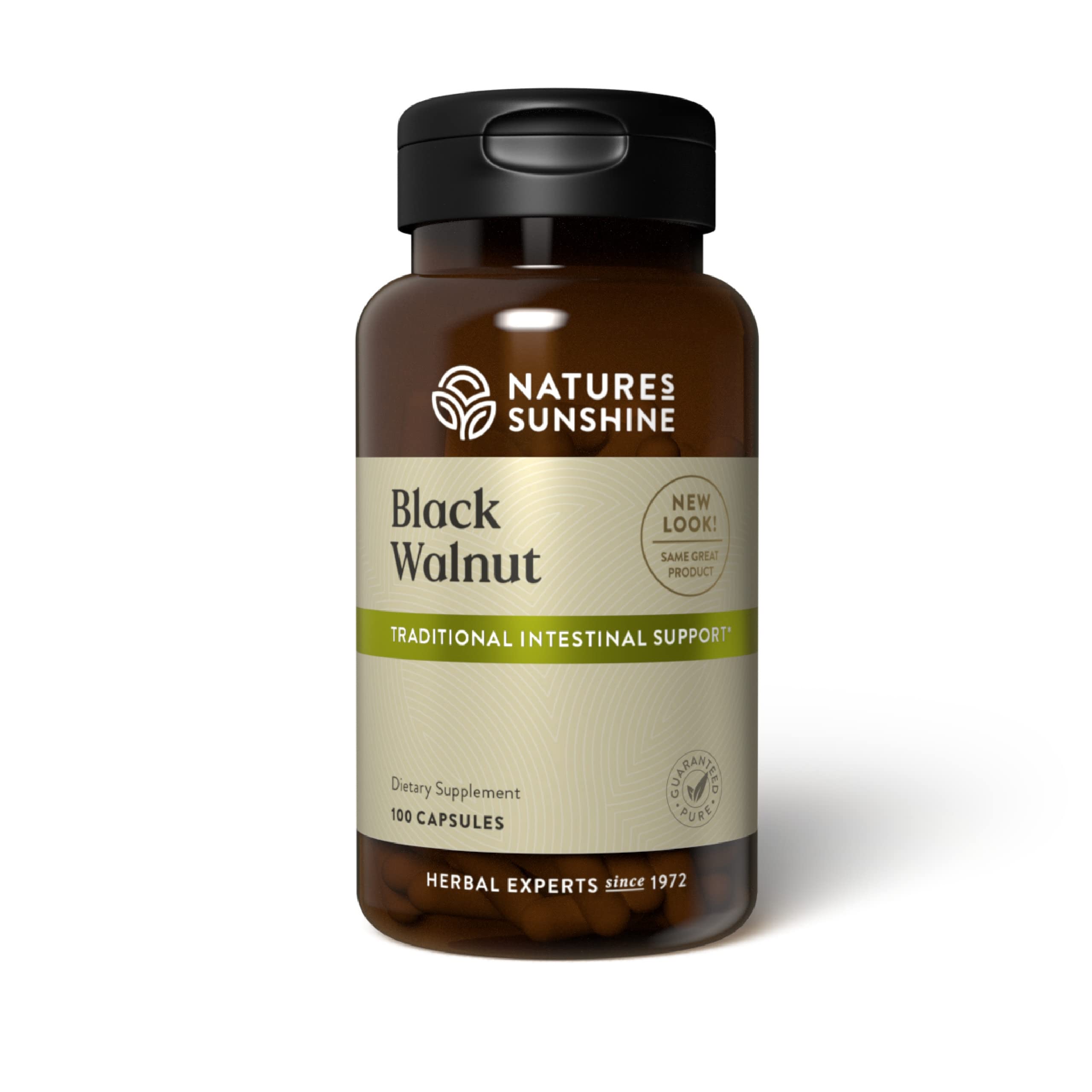 Nature's Sunshine Nogal Negro: cápsulas en frasco para soporte suave diario.
