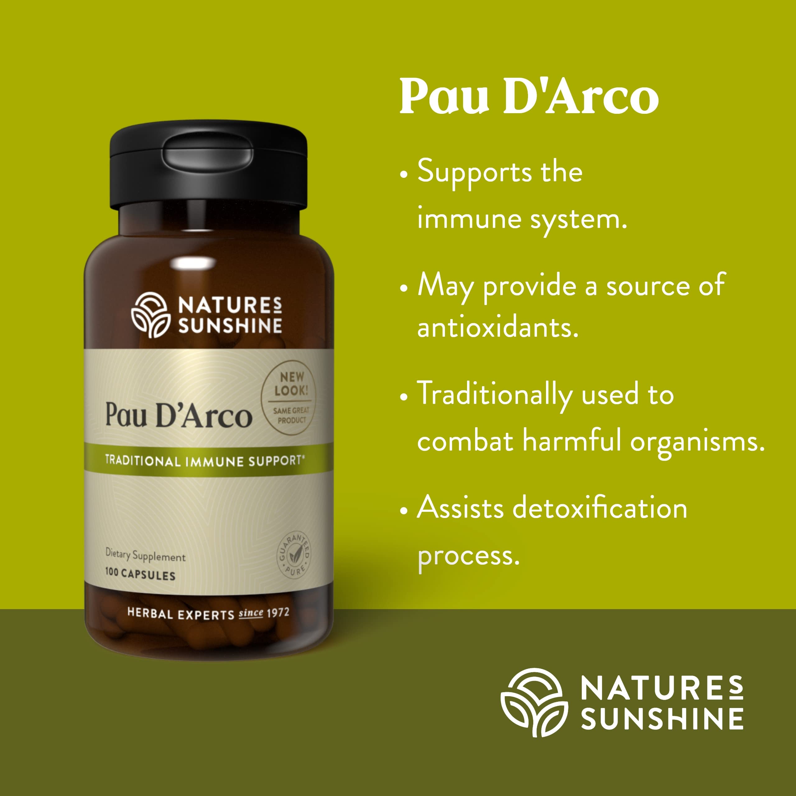 Nature's Sunshine Pau D’Arco bote frontal para visualización clara del producto.