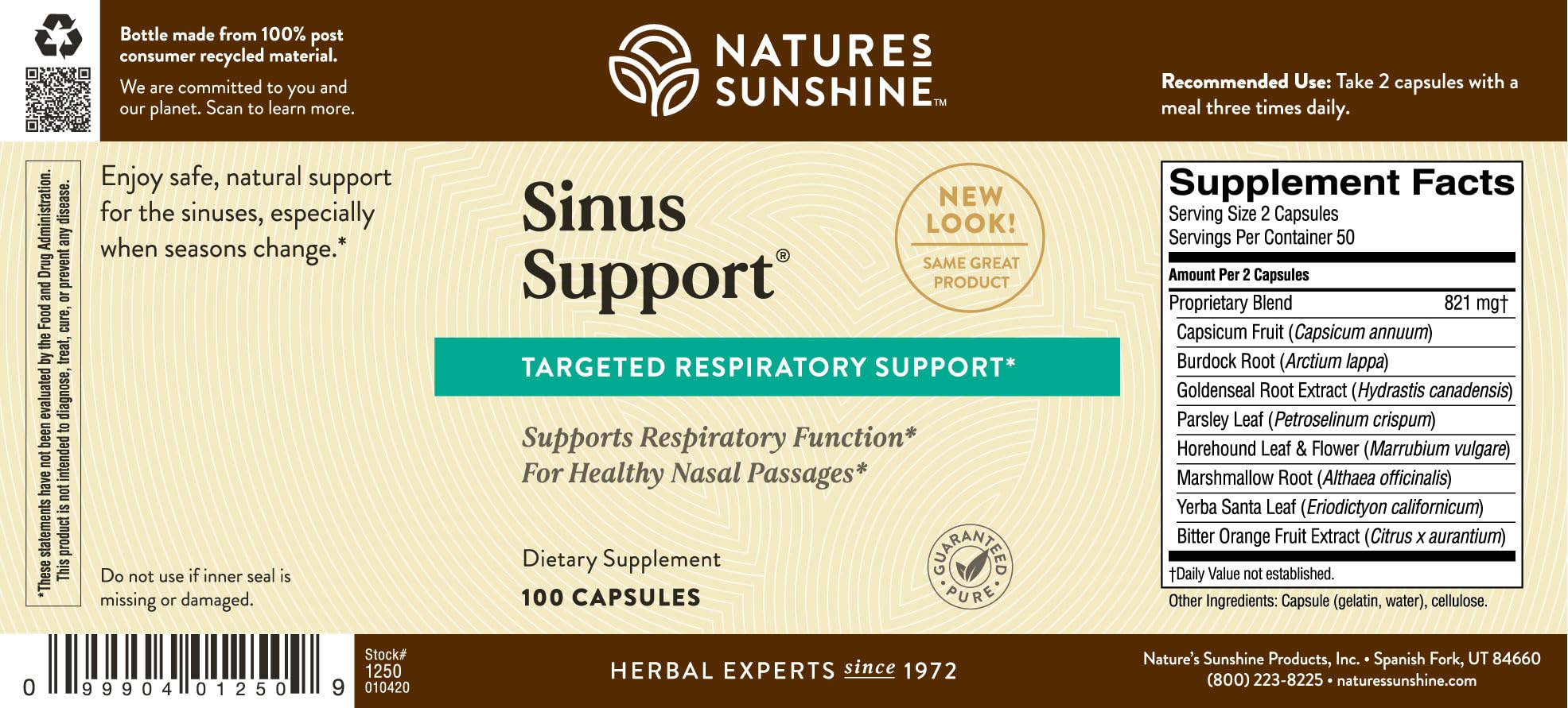 Nature's Sunshine Sinus Support EF, envase: diseño práctico para uso en casa