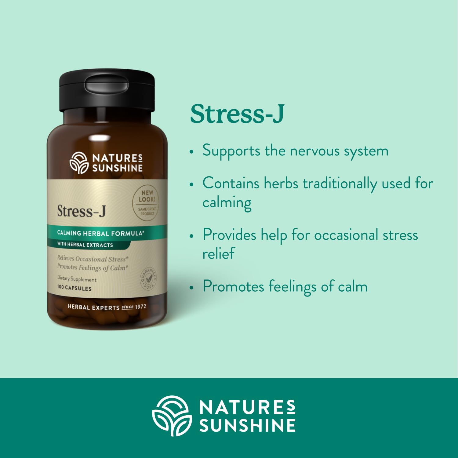 Nature's Sunshine Stress-J etiqueta del producto muestra ingredientes calmantes y botánicos.