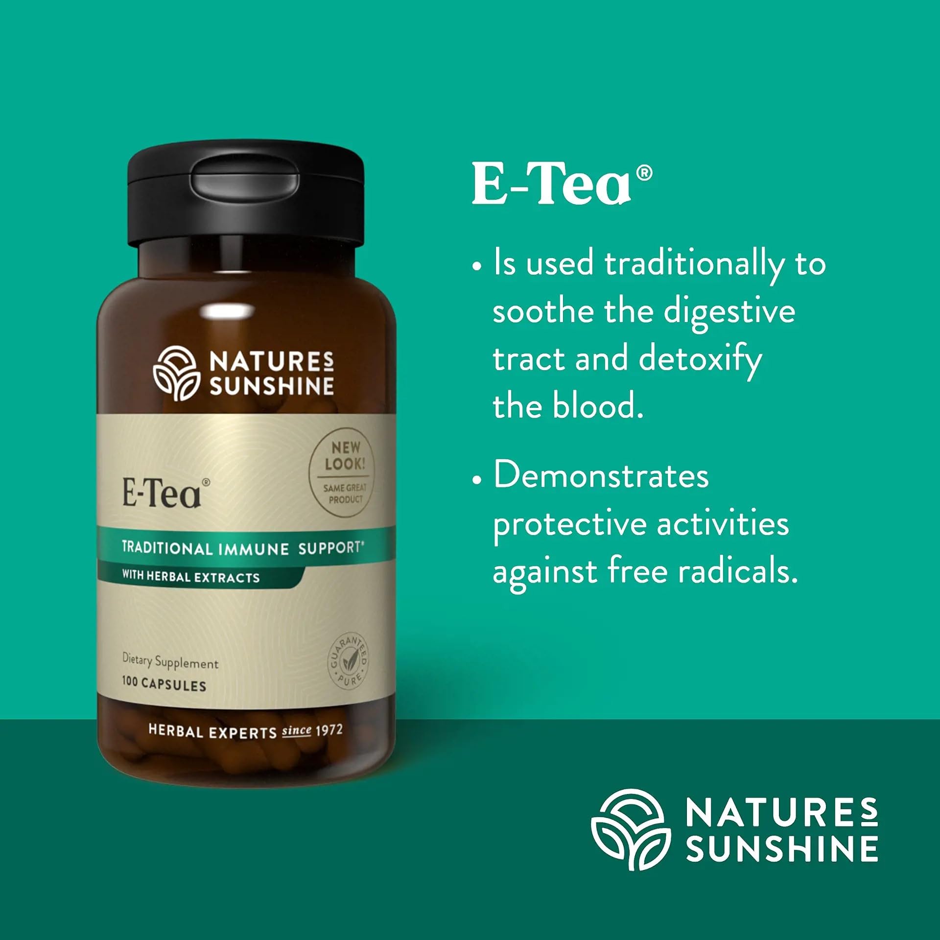 Nature's Sunshine cápsulas de té Essiac, primer plano de cápsulas, digestión suave