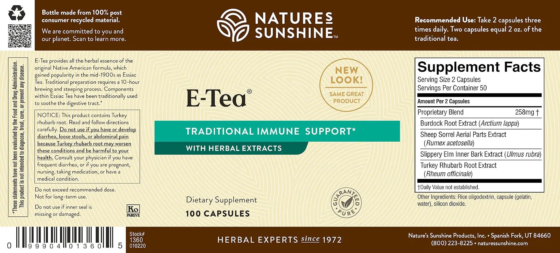 Nature's Sunshine cápsulas de té Essiac, historia de Essiac, formato encapsulado