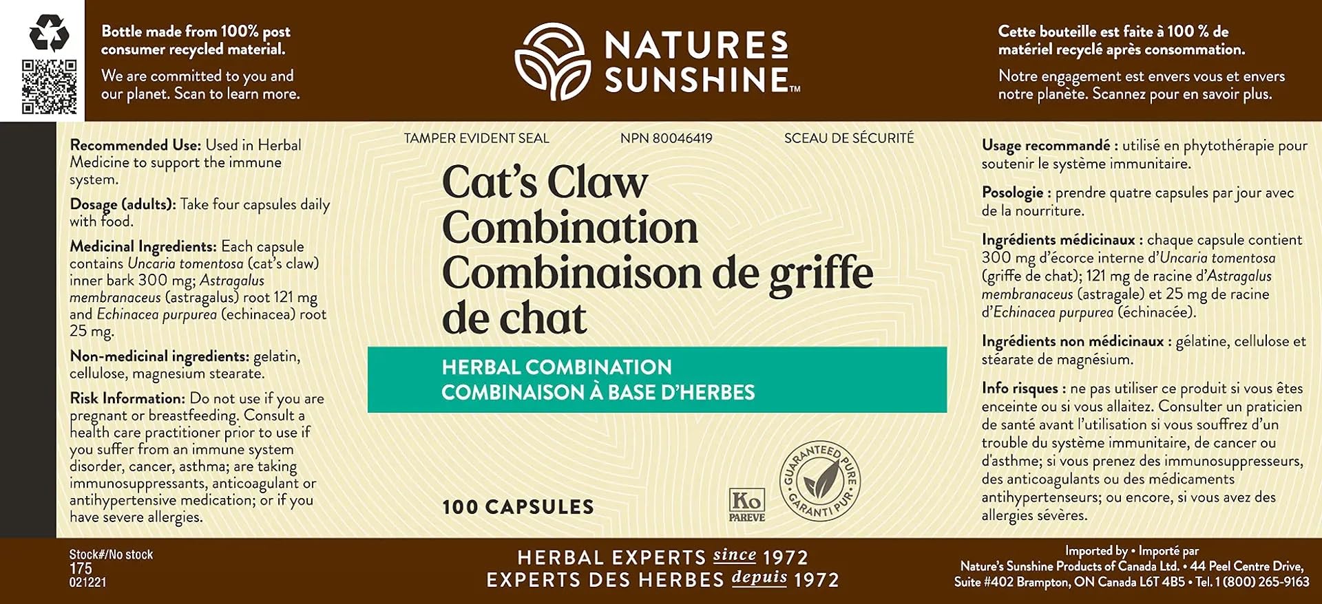 Nature's Sunshine Uña de Gato: detalle de etiqueta para uso digestivo y bienestar