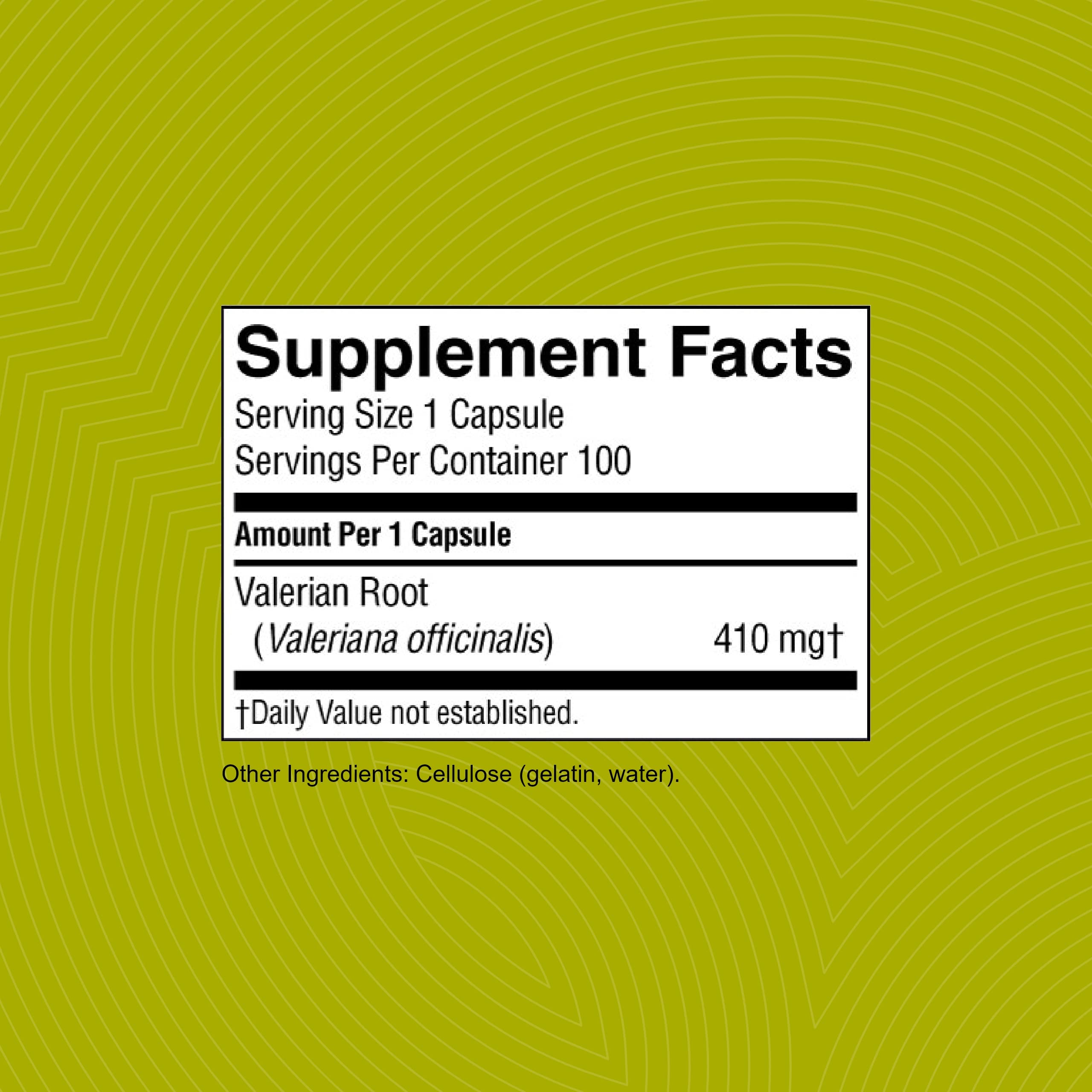 Nature's Sunshine Valerian Root: presentación de 100 cápsulas para consumo regular.