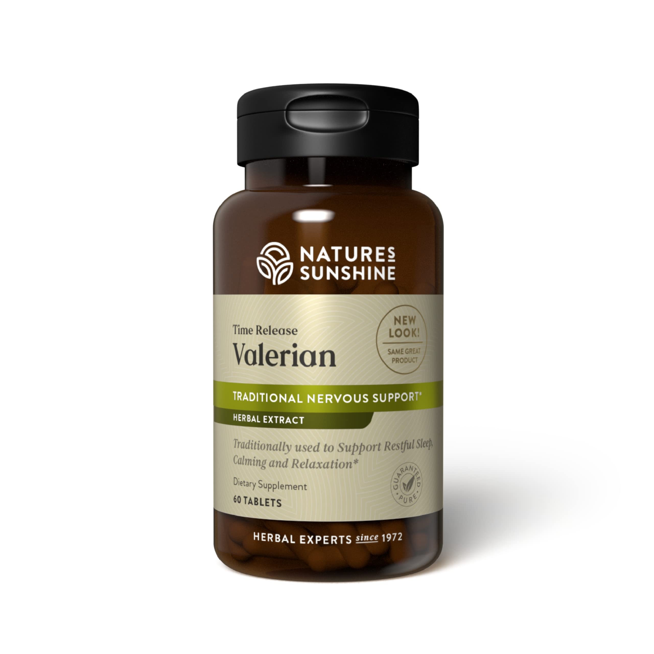 Nature's Sunshine valeriana: botella de 60 cápsulas para apoyo relajante.