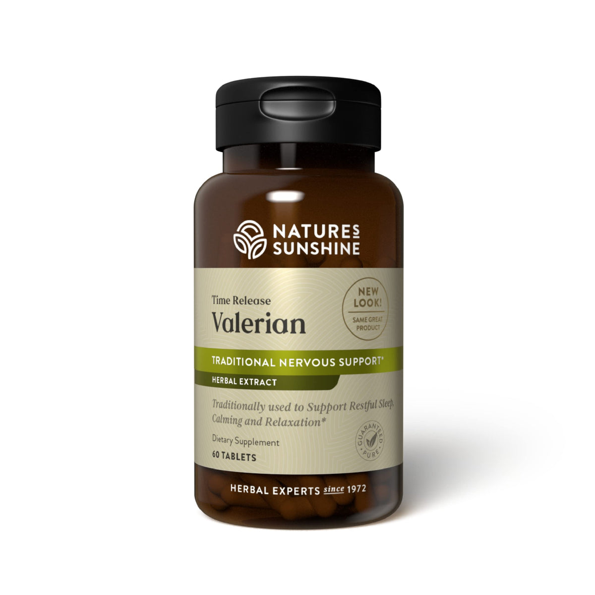 Nature's Sunshine valeriana: botella de 60 cápsulas para apoyo relajante.