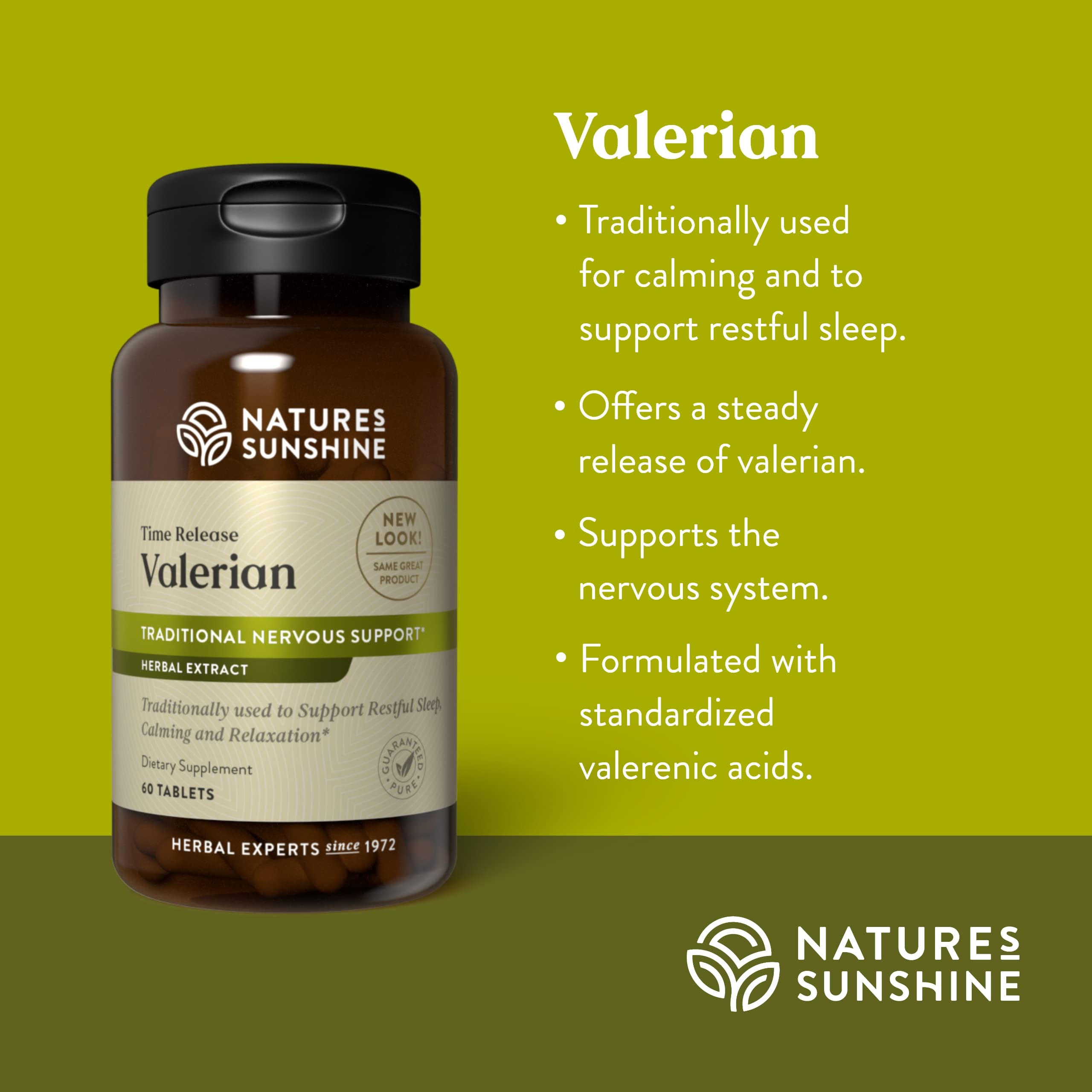 Raíz de valeriana Nature's Sunshine en estado seco para relajación natural.