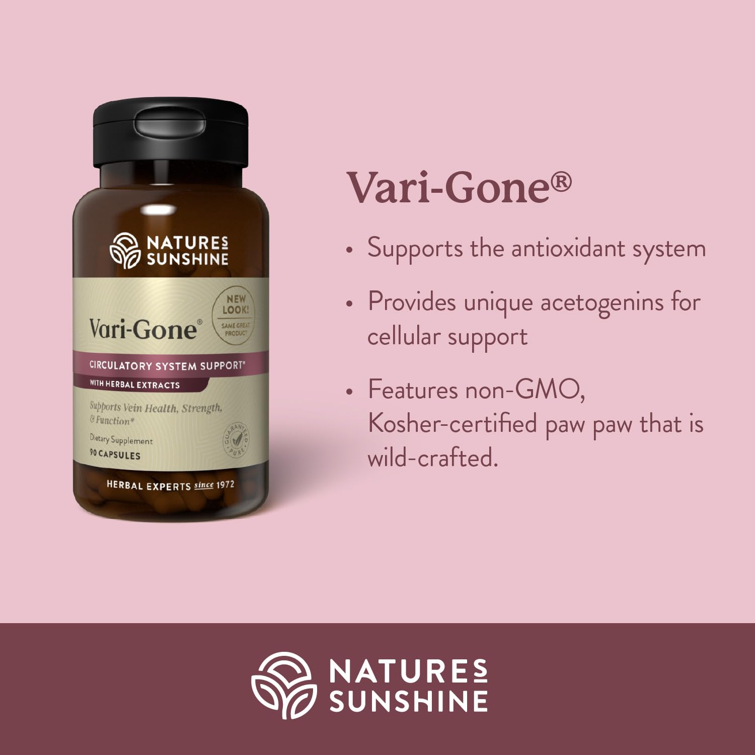 Etiqueta frontal de Vari-Gone con marca Nature's Sunshine para soporte venoso.