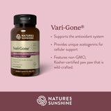 Etiqueta frontal de Vari-Gone con marca Nature's Sunshine para soporte venoso.