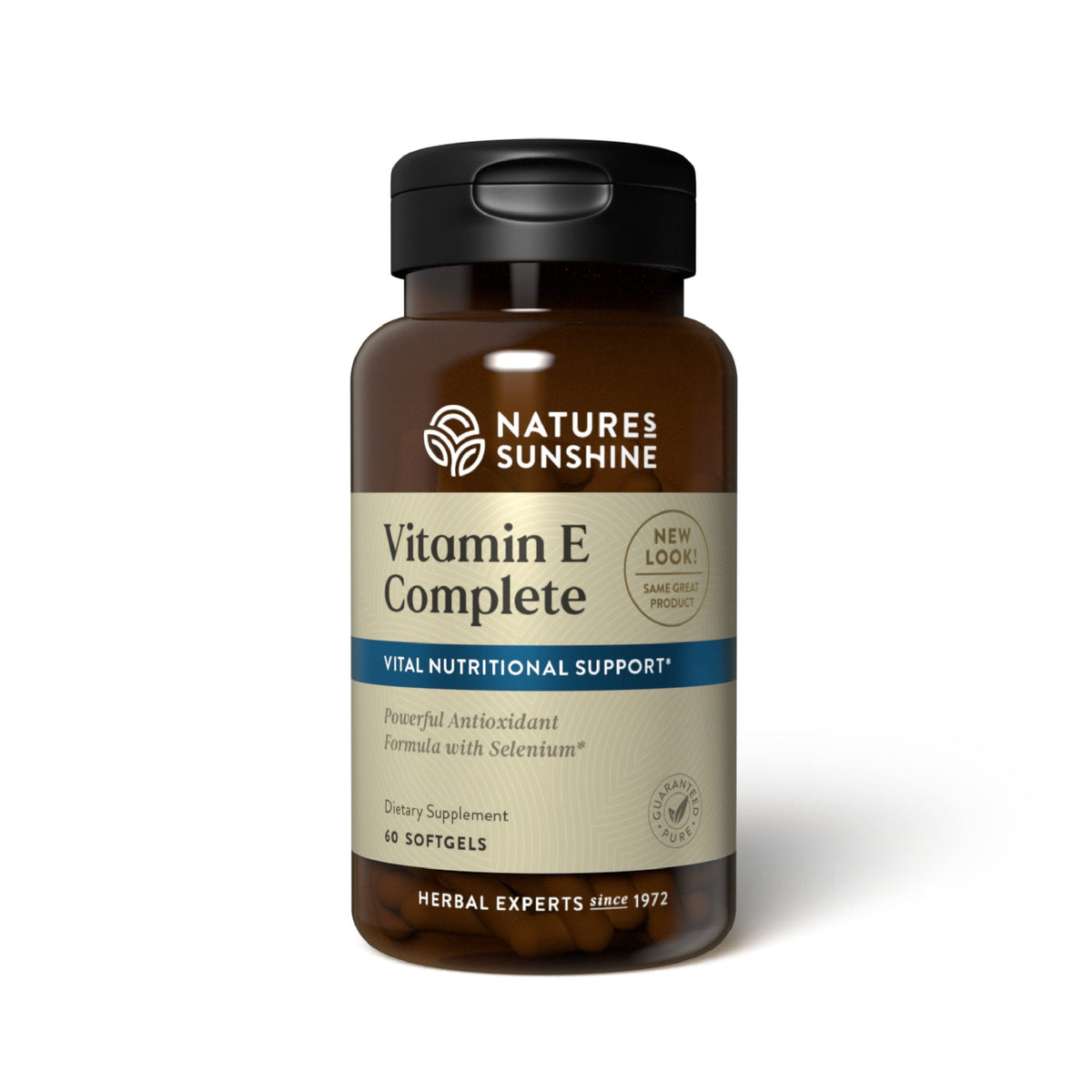 Nature's Sunshine Vitamina E Complete con Selenio, frasco de 60 cápsulas blandas para uso diario.