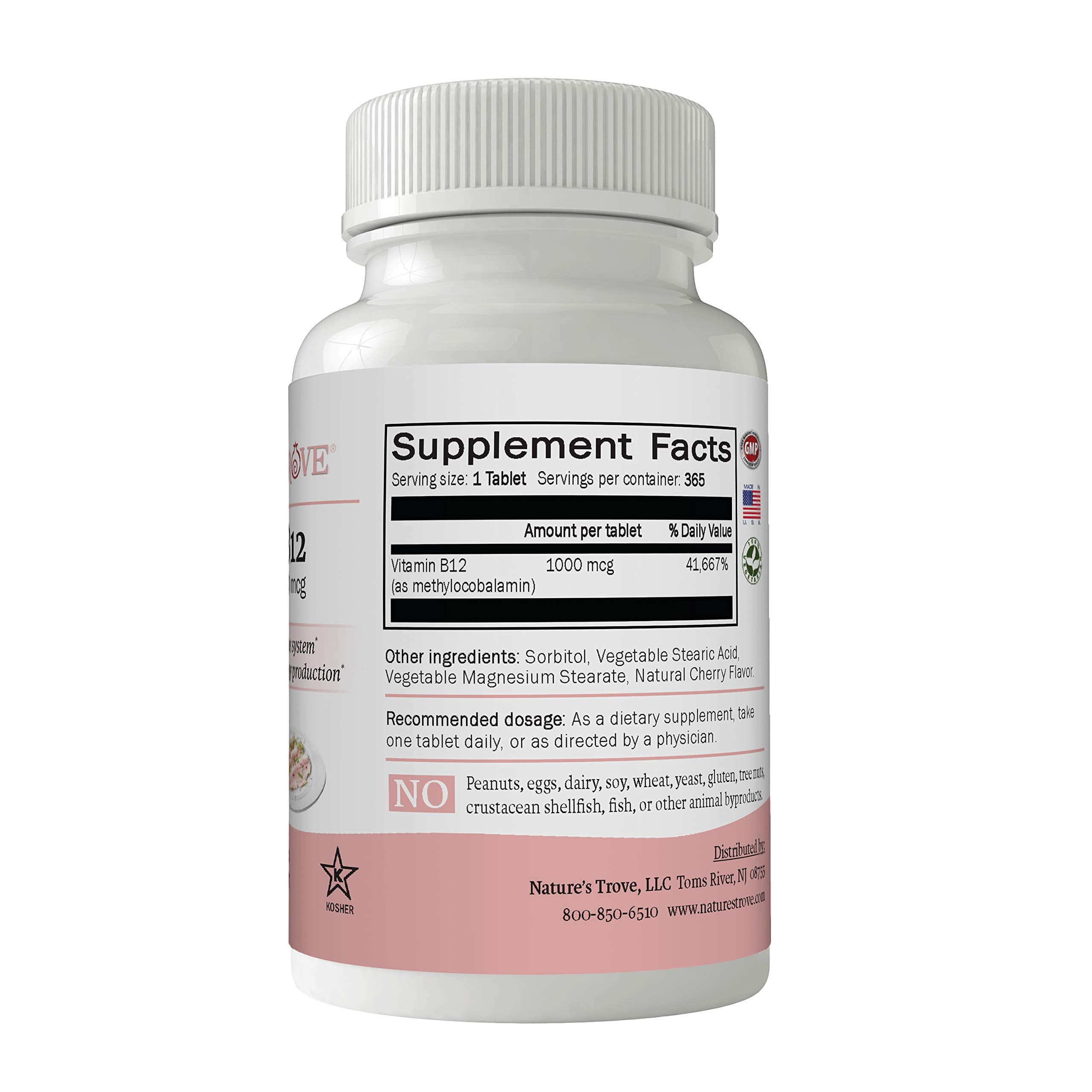 Nature's Trove Vitamina B12 metilcobalamina 1000 mcg tabletas cereza para días activos.