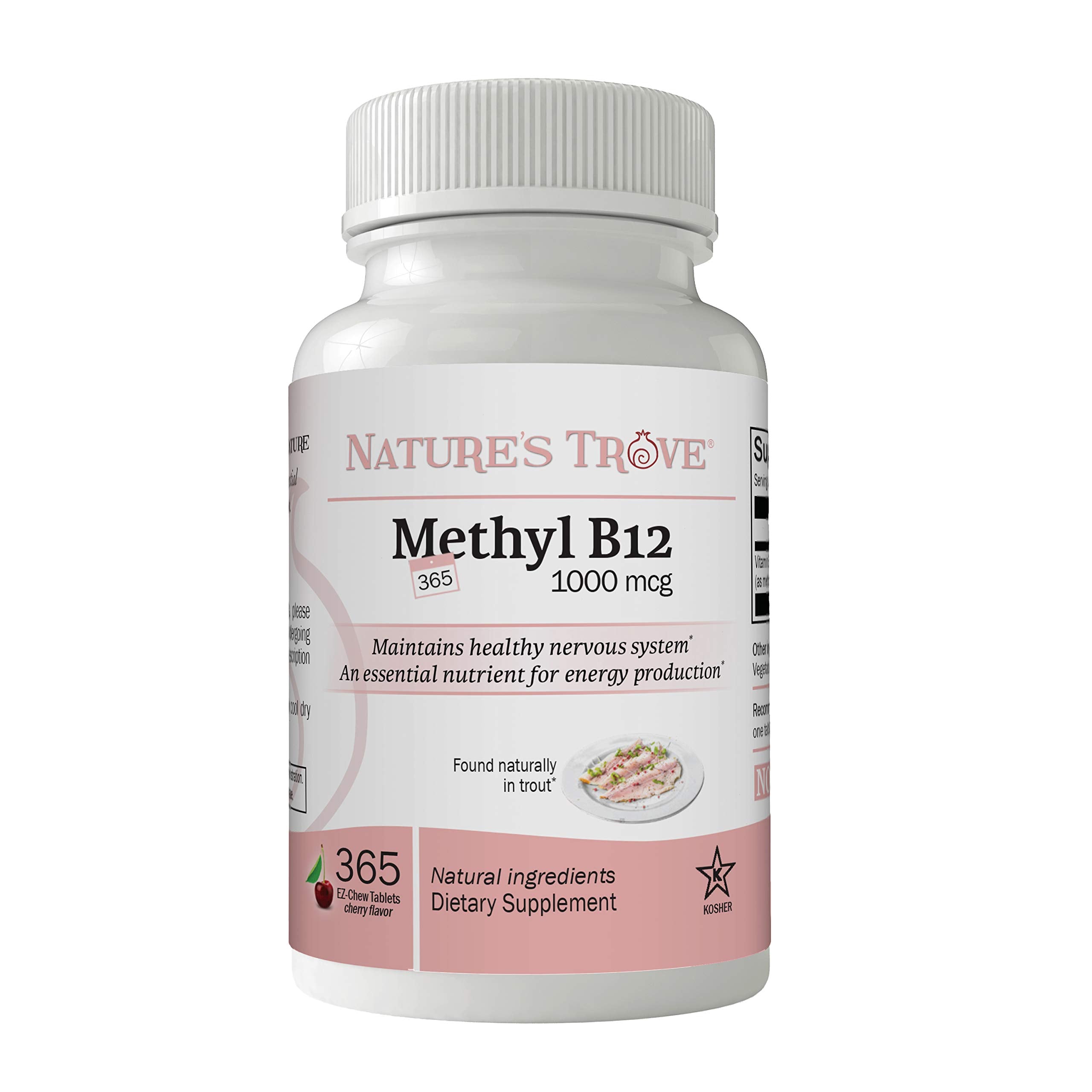 Nature's Trove Vitamina B12 metilcobalamina frente al empaque, apoyo a la energía diaria.