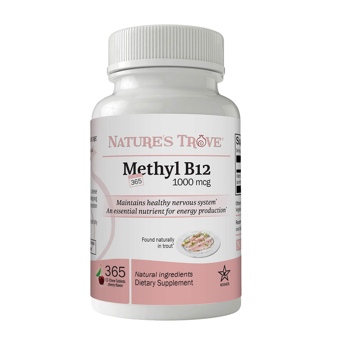 Nature's Trove Vitamina B12 metilcobalamina frente al empaque, apoyo a la energía diaria.