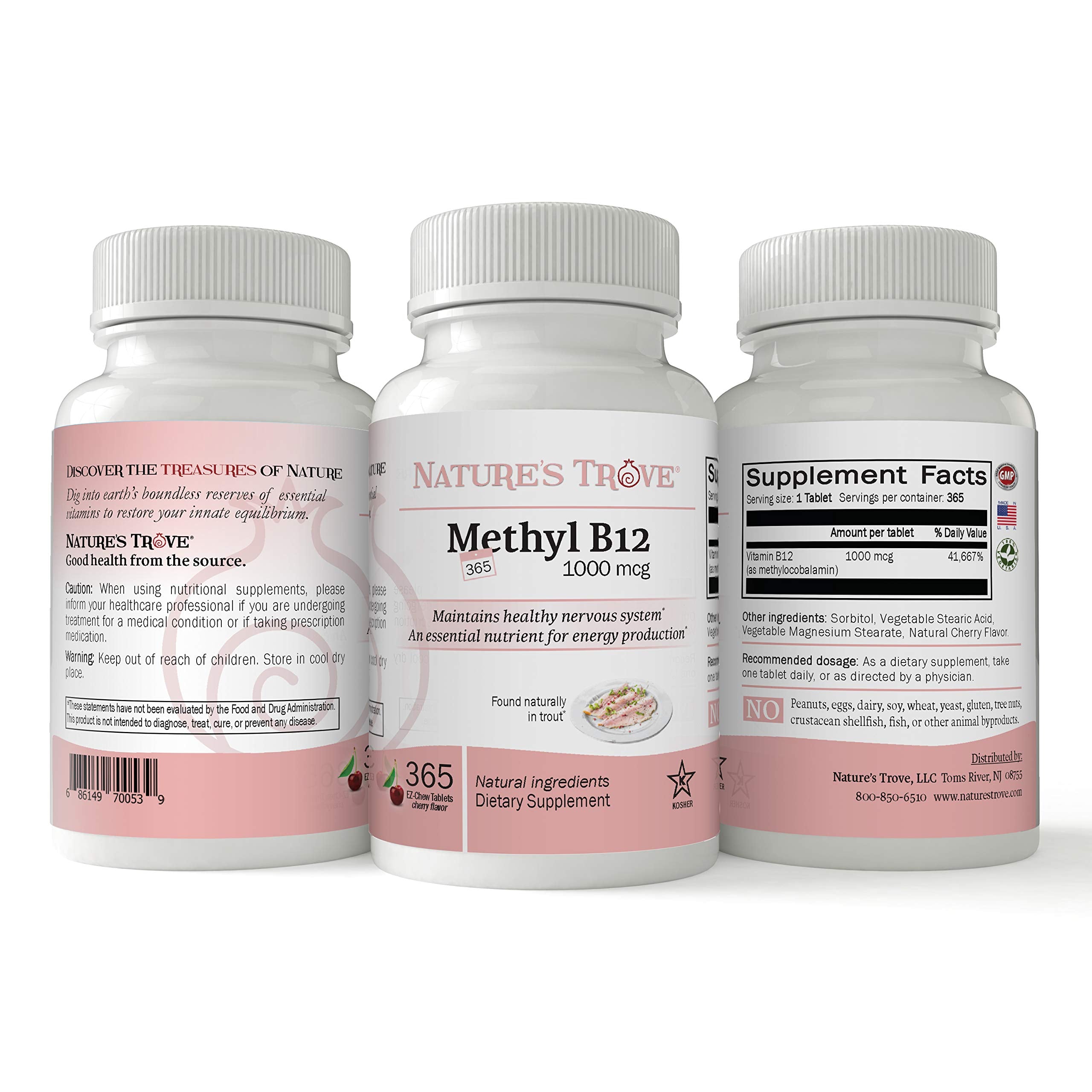 Nature's Trove Vitamina B12 metilcobalamina en empaque: recomendado para veganos y digestión saludable.