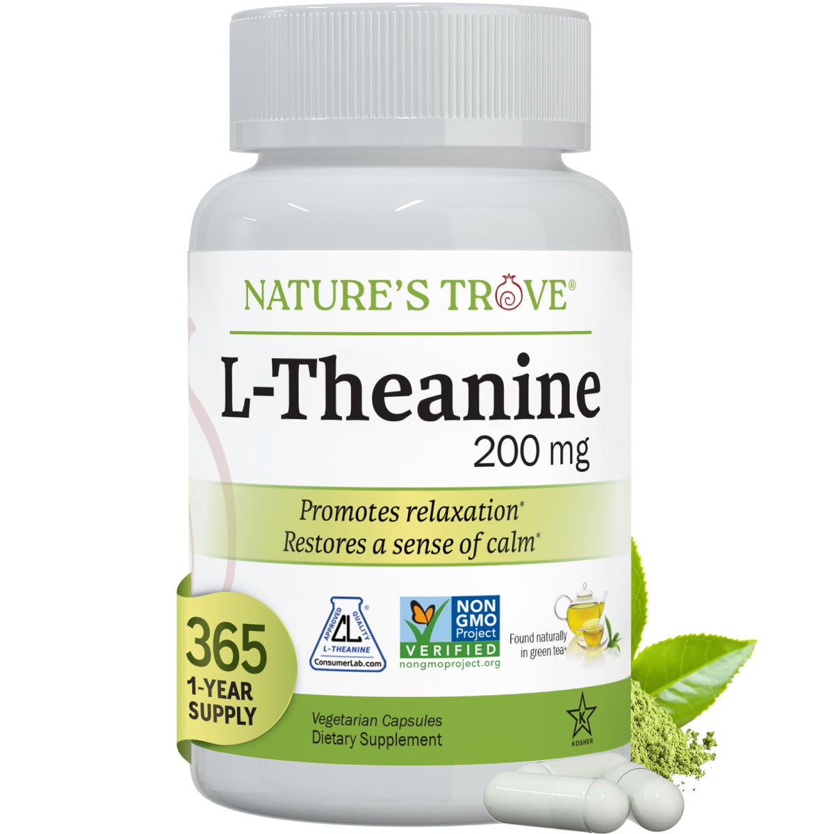Nature's Trove L-Teanina 200 mg, frente de la caja, relajación suave posible