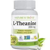 Nature's Trove L-Teanina 200 mg, frente de la caja, relajación suave posible