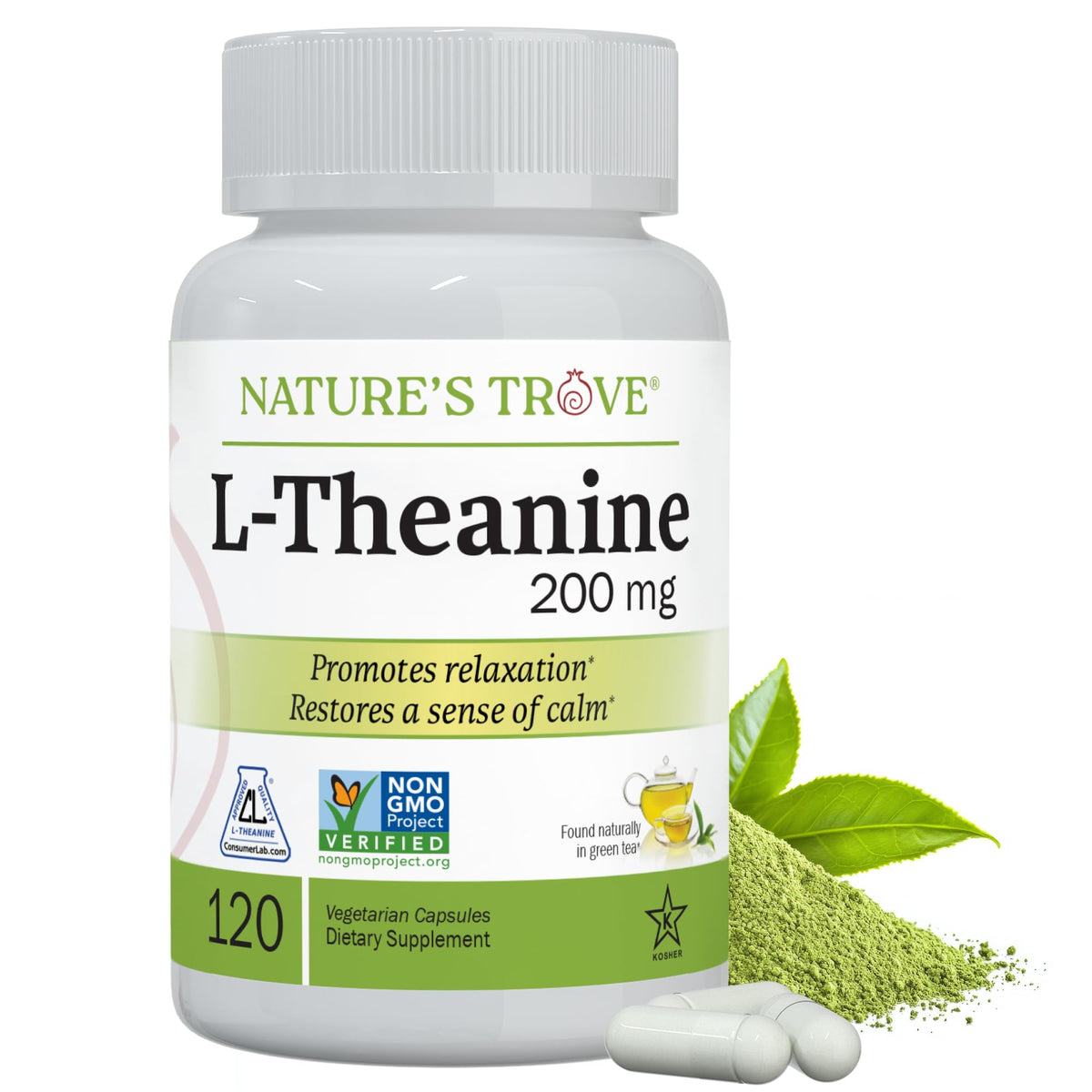 Nature's Trove L-Theanine 200mg bottle front view supports calm focus.