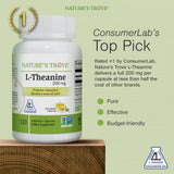 Nature's Trove L-Theanine 200mg bottle side view shows packaging details for daily use.