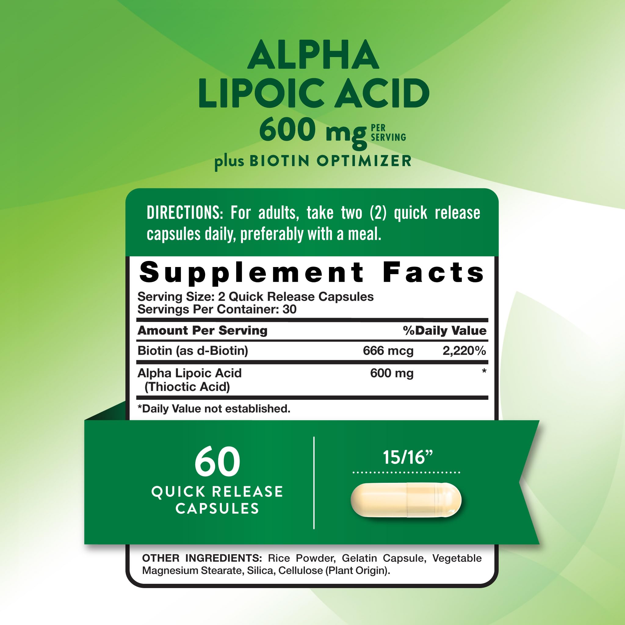 Nature's Truth alfa lipoico 600mg con biotina: cápsulas de liberación rápida