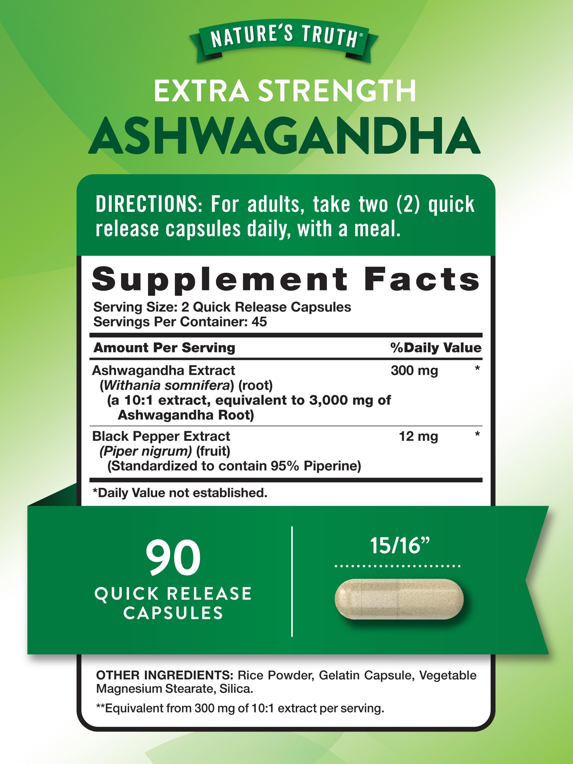 Etiqueta de Nature's Truth Ashwagandha mostrando ingredientes y beneficios