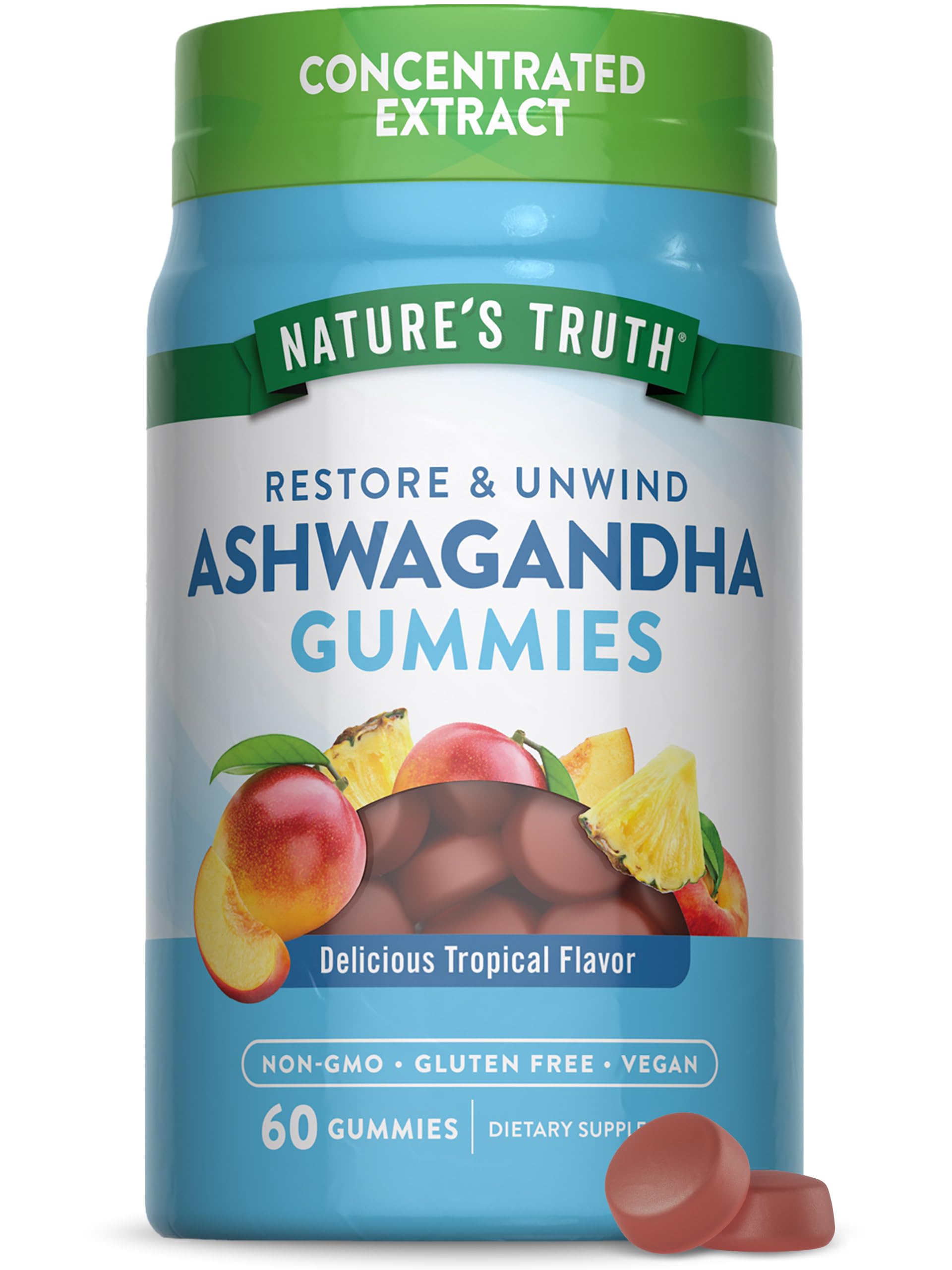 Nature's Truth Ashwagandha Gummies frente de la botella: conveniencia diaria con sabor tropical