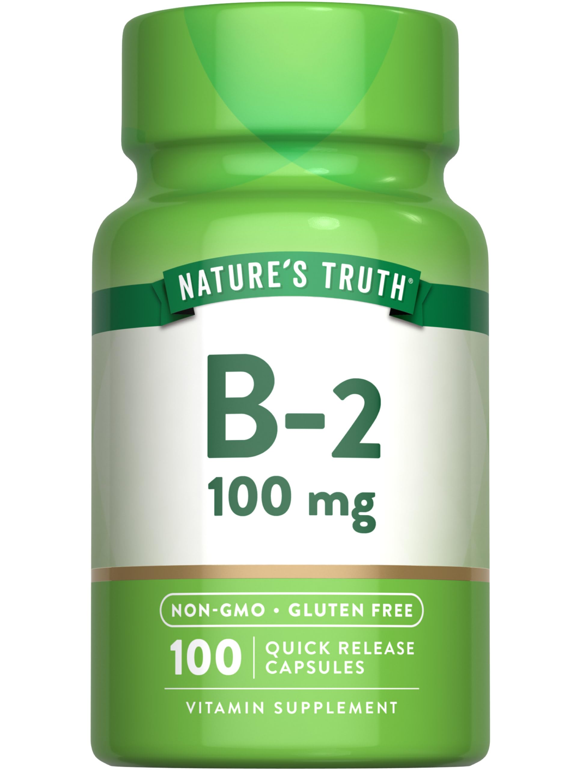 Nature's Truth B2 vitamina, botella volcada, muestra la dosis de 100 mg para consumo diario.