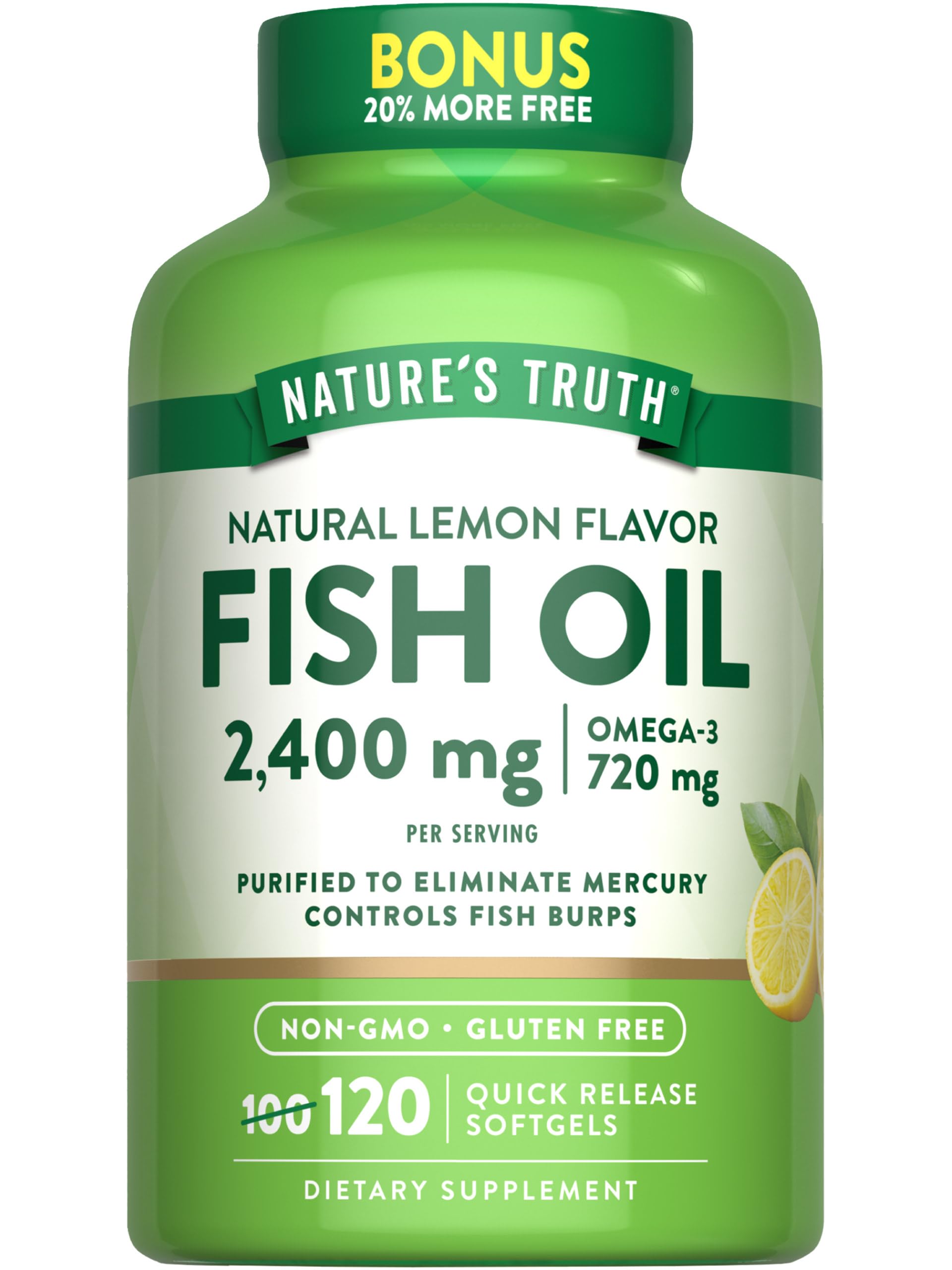 Nature's Truth Aceite de Pescado 2400 mg, botella de cápsulas para uso diario.