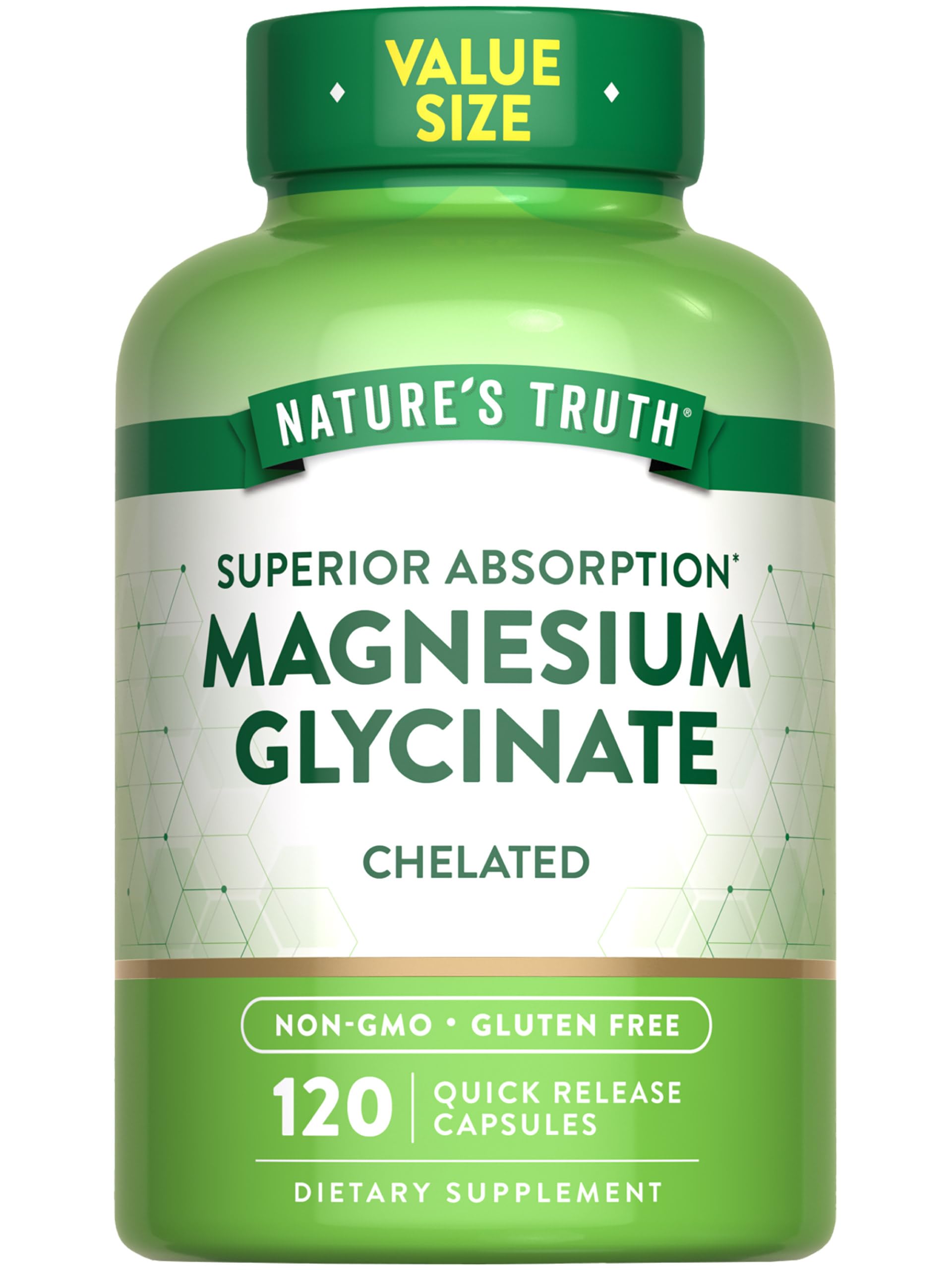 Nature's Truth: cápsulas de magnesio glicinato 200 mg, alto nivel de absorción para el uso diario.