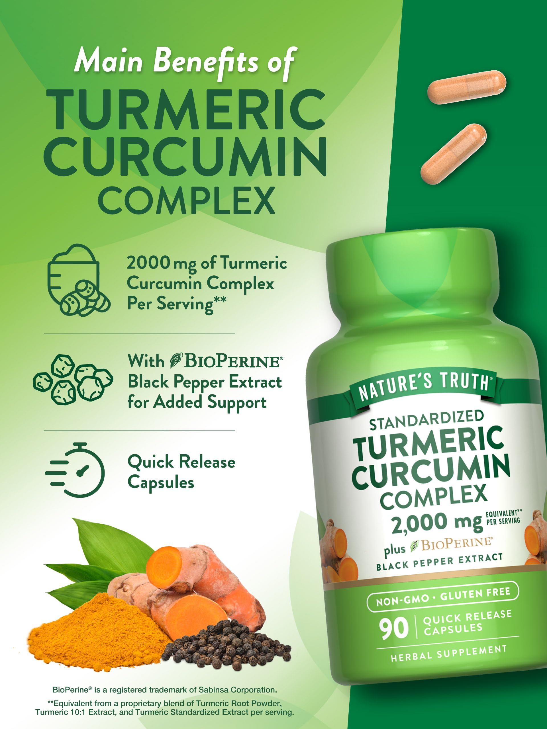 Nature's Truth complejo herbal cúrcuma: cápsulas para bienestar diario.
