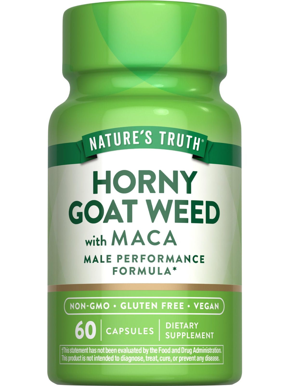 Nature's Truth Epimedium con Maca, botella de cápsulas veganas para uso diario.