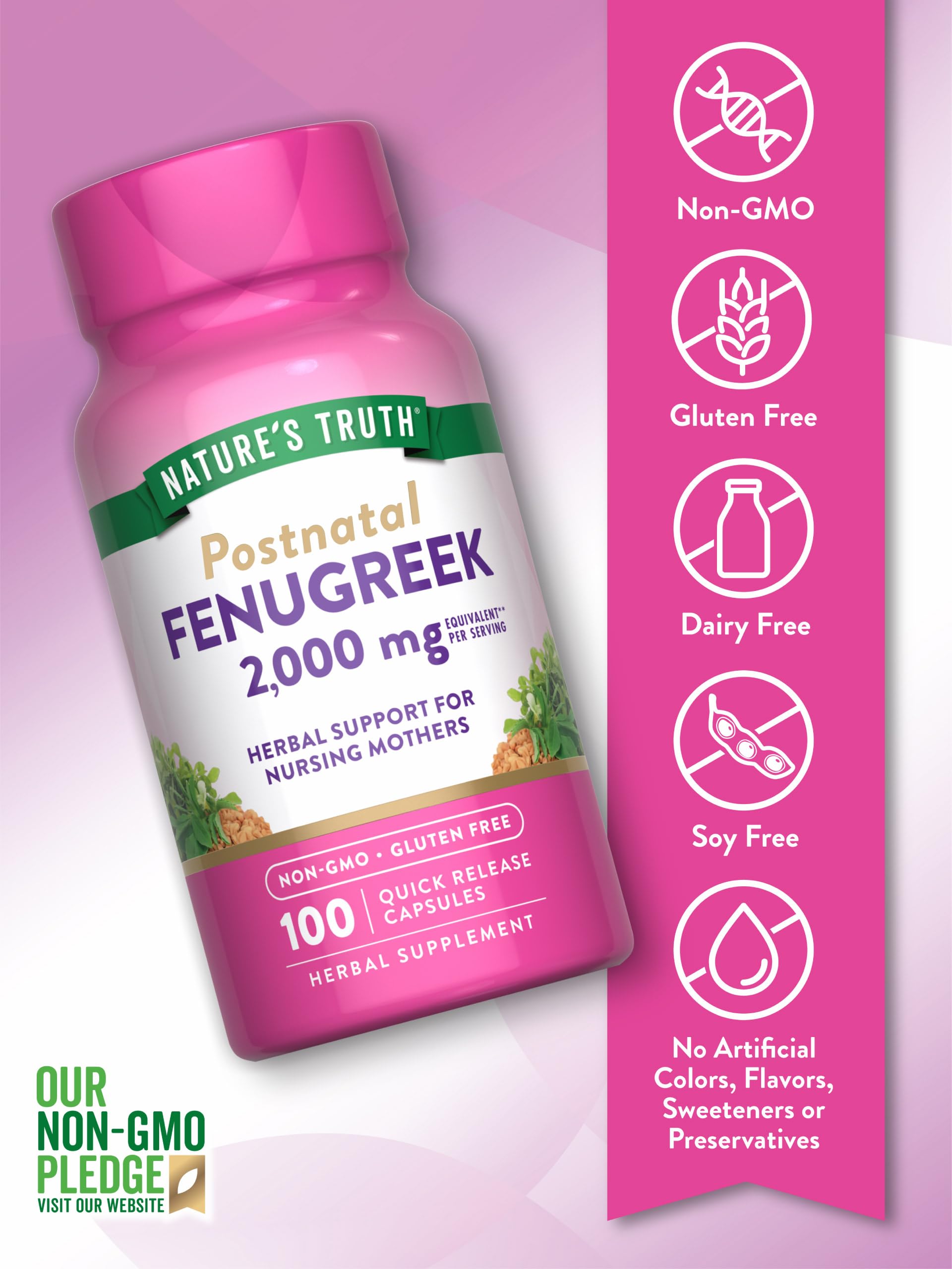 Nature's Truth Etiqueta clara, cápsulas de fenogreco para apoyo nutricional.