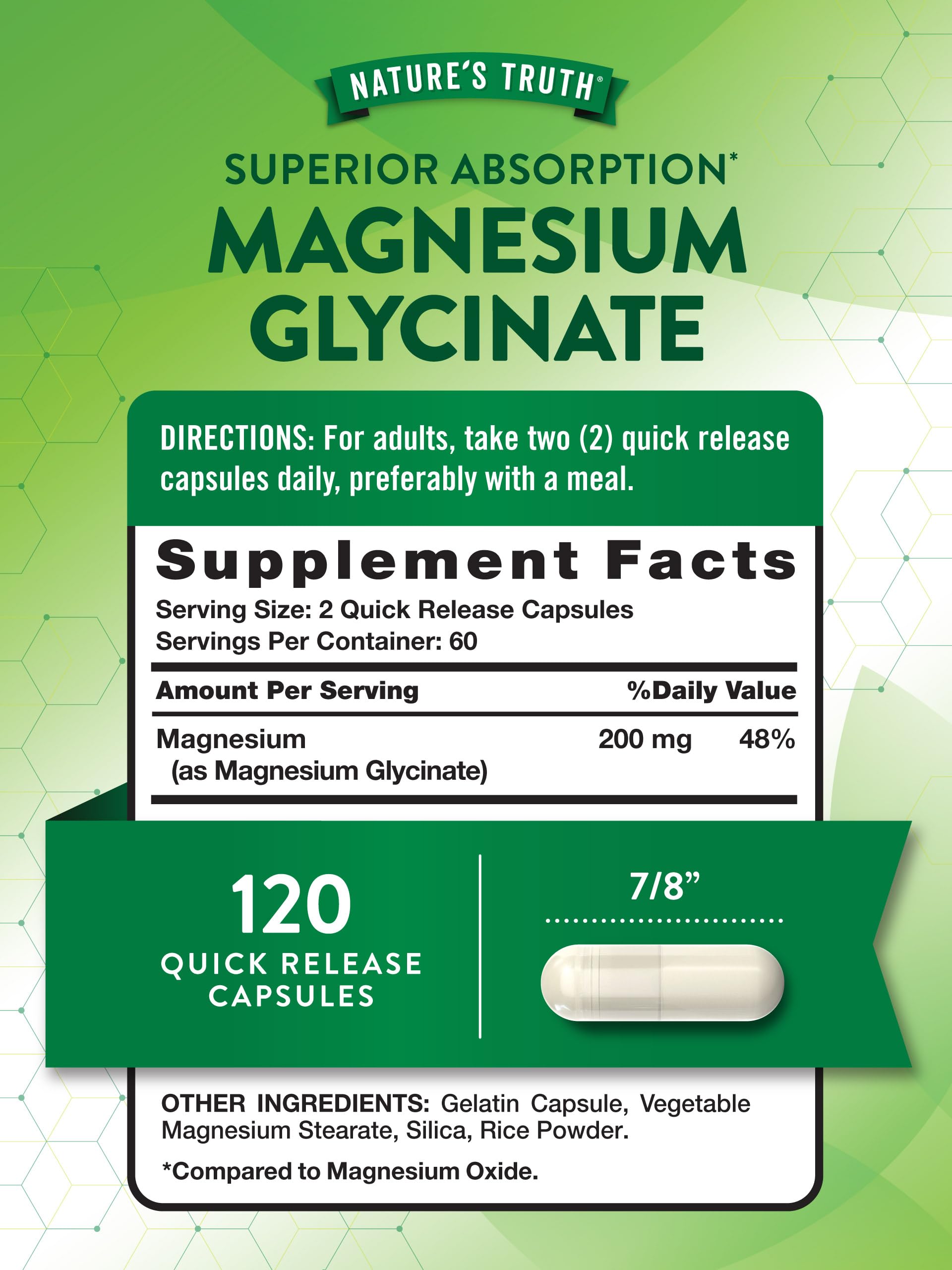 Etiqueta de Nature's Truth revela magnesio glicinato libre de gluten y sin OGM.
