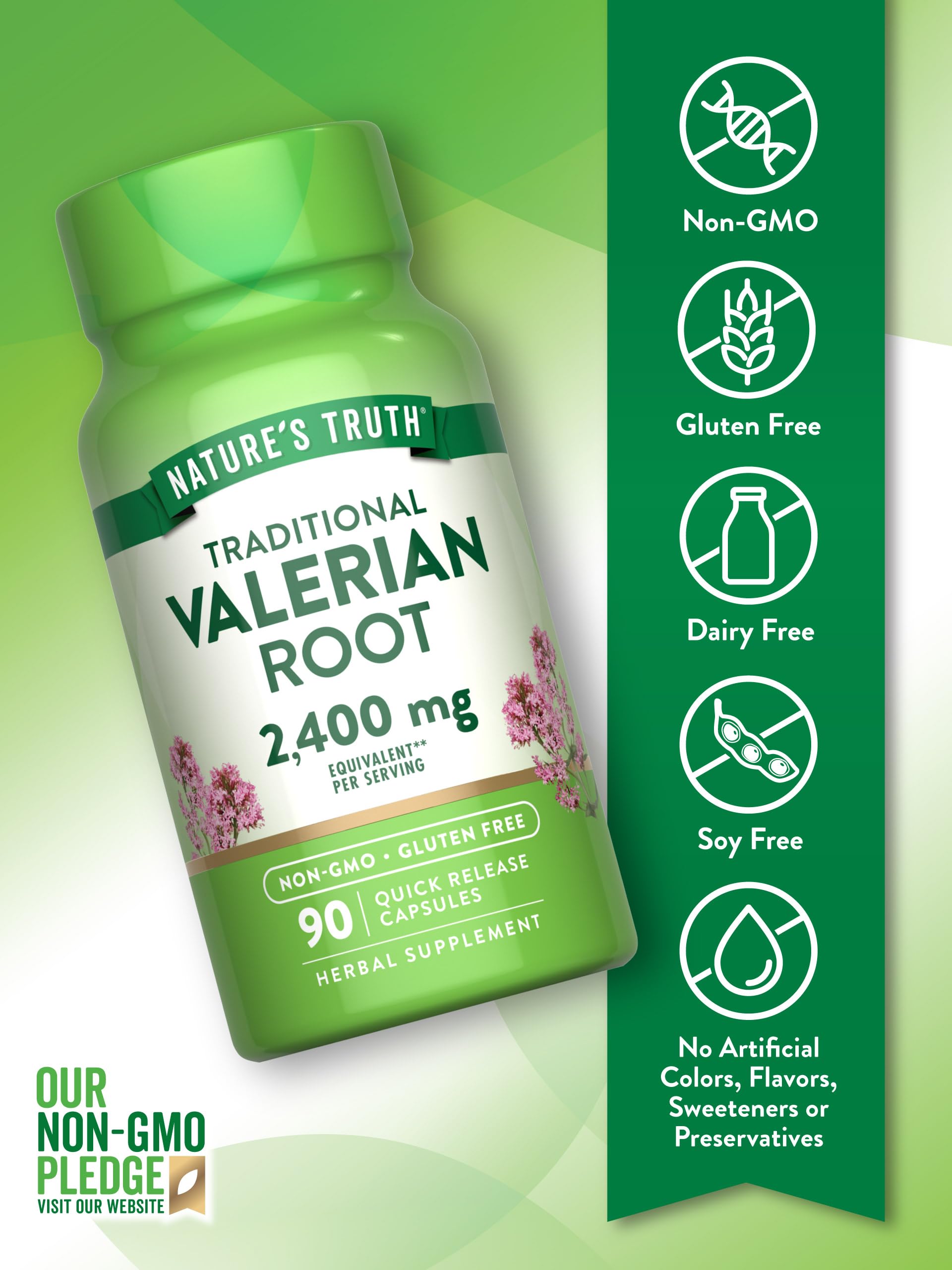 Nature's Truth caja del producto valeriana: presentación práctica en la mesita de noche.