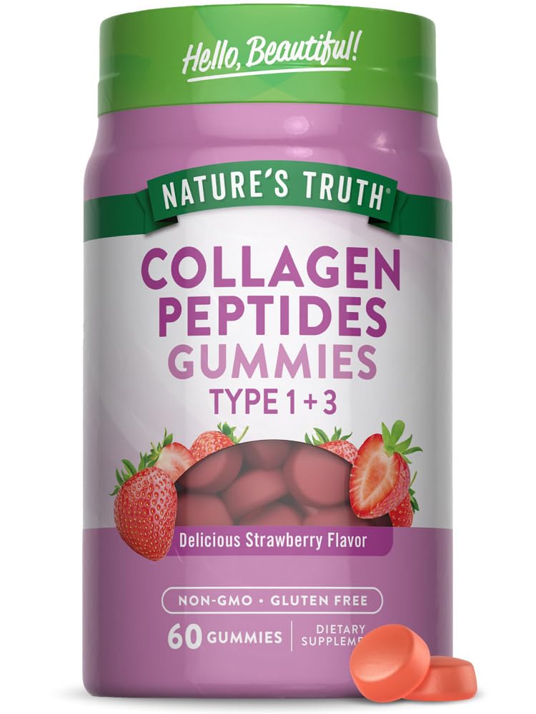 Nature's Truth gominolas de colágeno tipo 1 y 3, sabor fresa, 60 unidades, consumo diario.