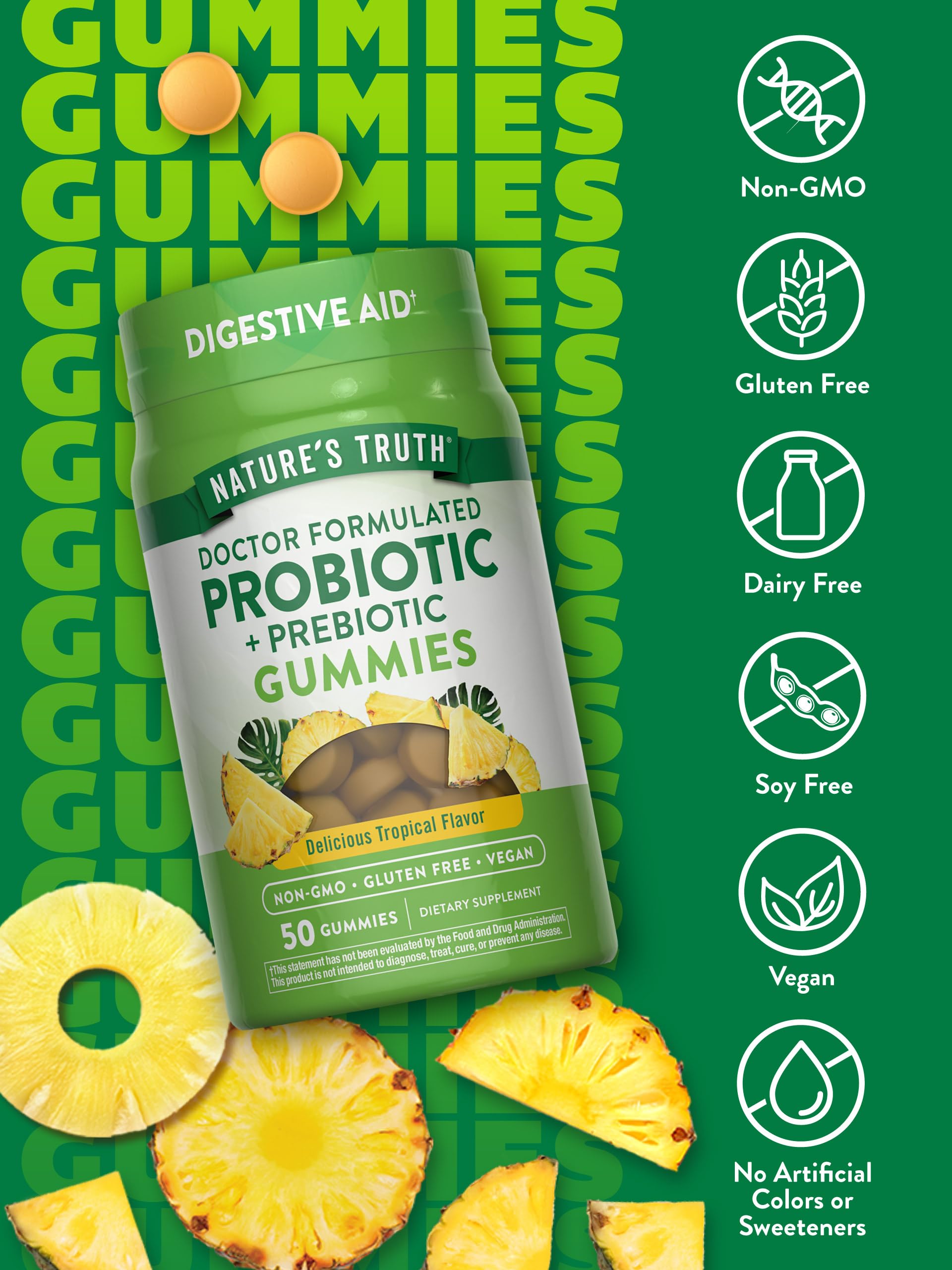 Nature's Truth gominolas probióticas para adultos, etiqueta vegana destacada.