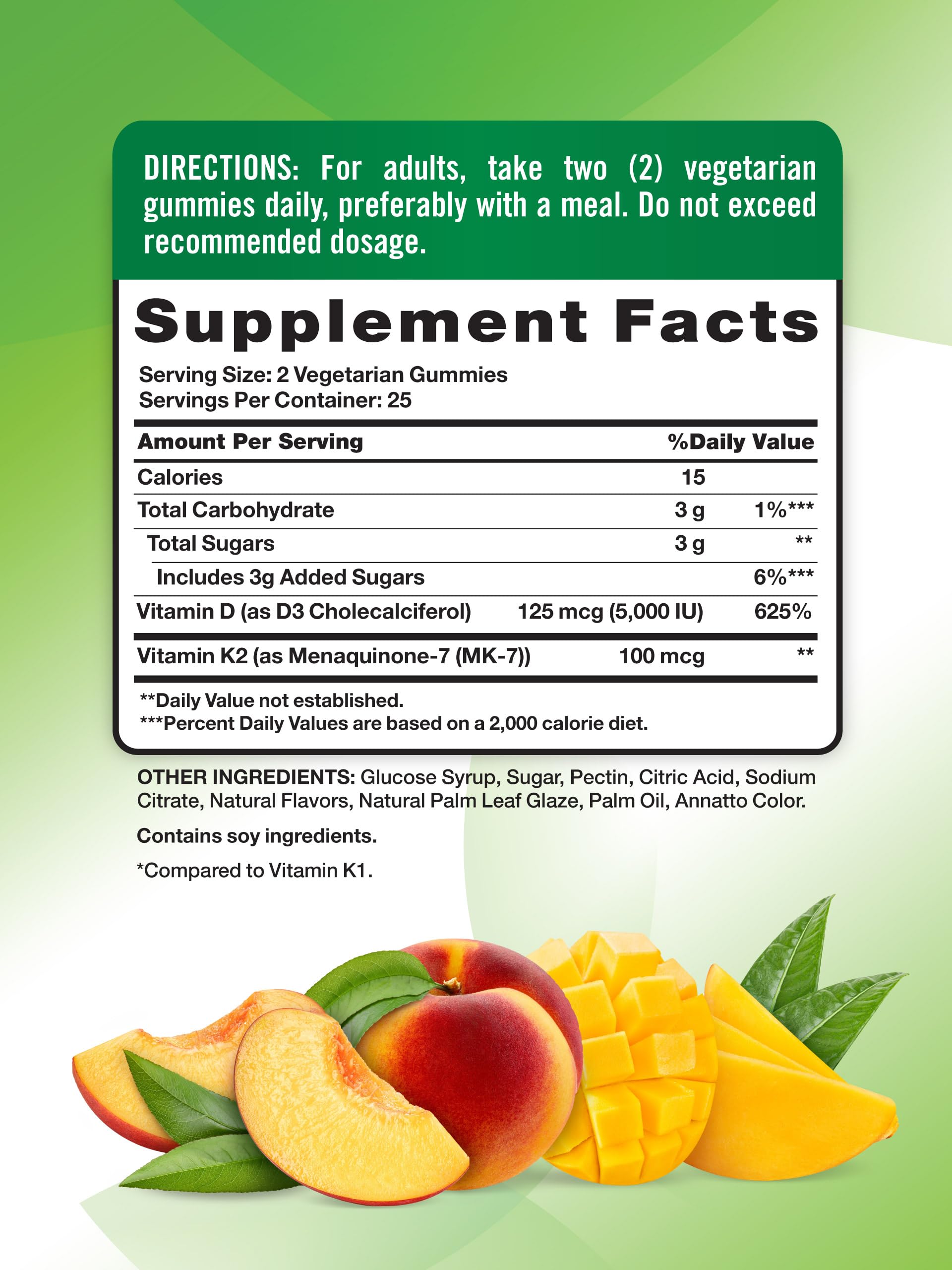 Nature's Truth gomitas D3 y K2 botella, sabor durazno-mango para consumo vegetariano