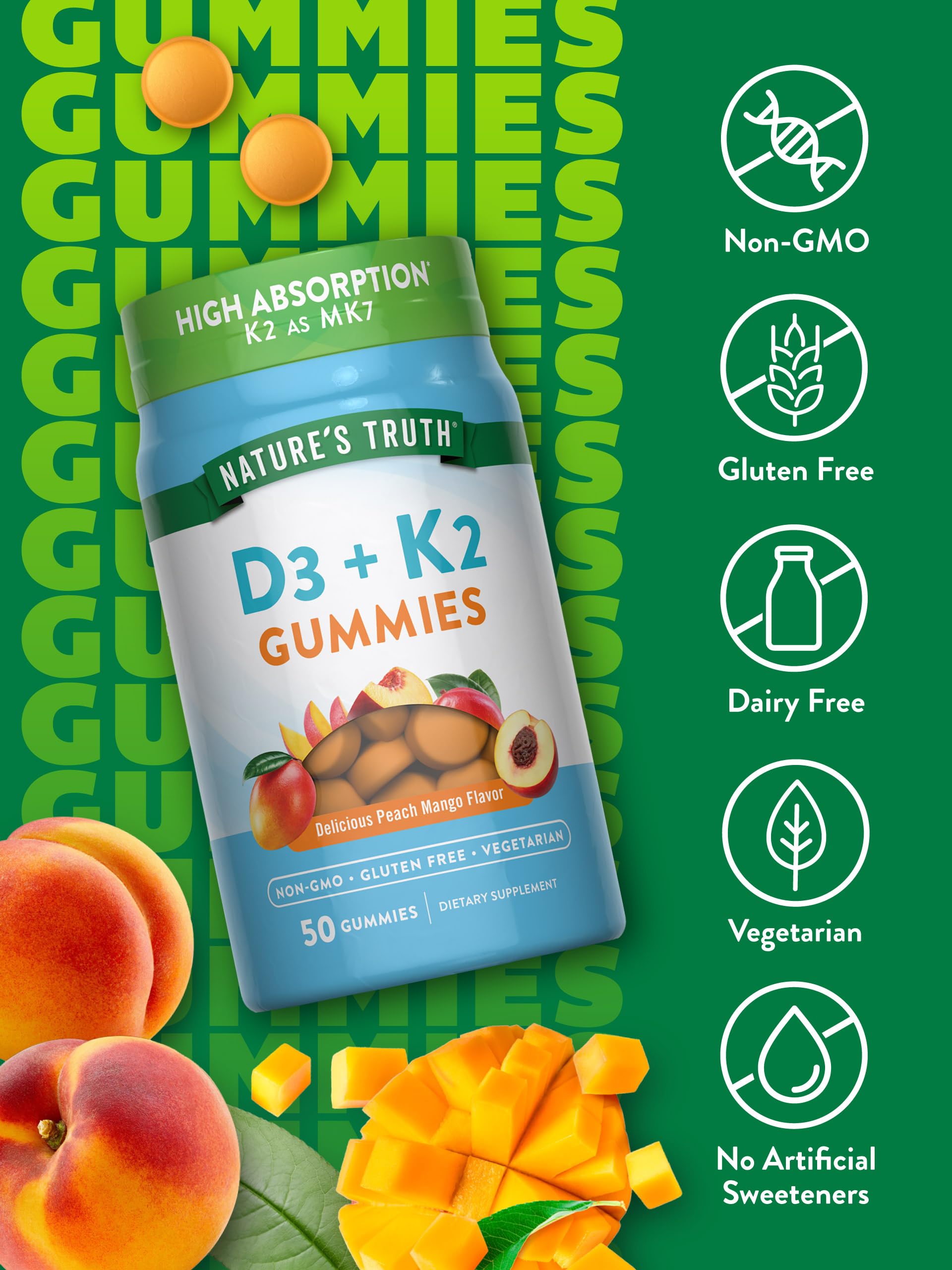 Nature's Truth gomitas D3 y K2 etiqueta, libres de gluten y transgénicos